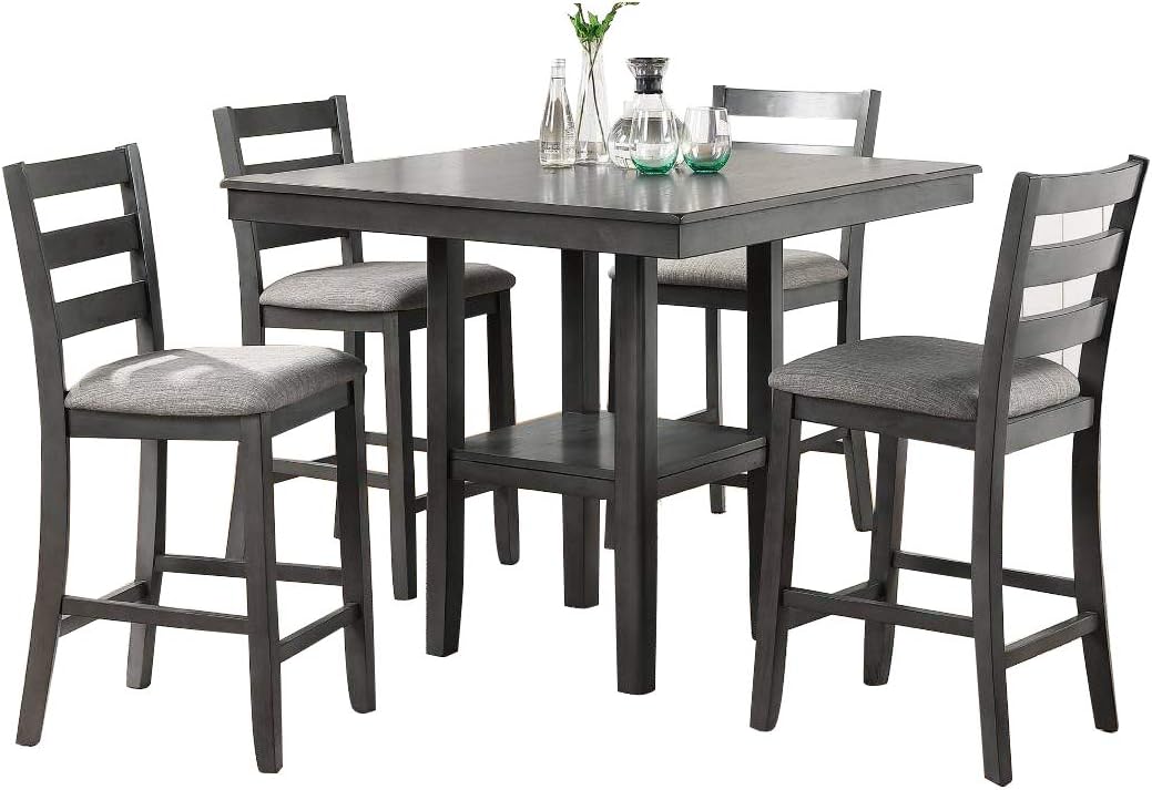 Classic Dining Room Furniture Gray Finish Counter Height 5Pc Set Square Dining Table W Shelves Cushion Seat Ladder Back High Chairs Solid Wood Gray Wood Dining Room Solid Wood Rubberwood Square Dining Table With Chair Wood Wood Grey Ladder Back Seats 4
