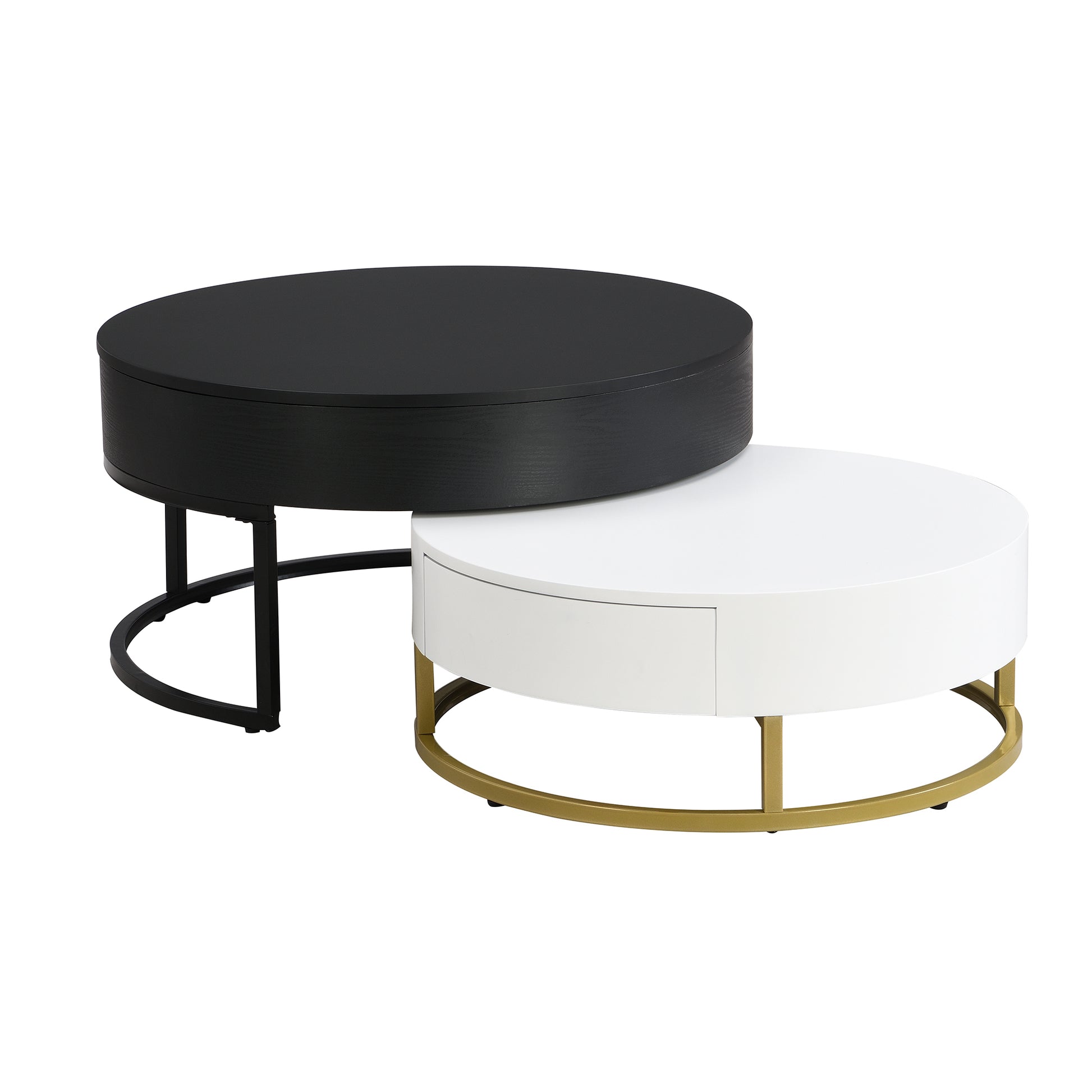 Modern Round Lift Top Nesting Coffee Tables With 2 Drawers White & Black White Black Mdf