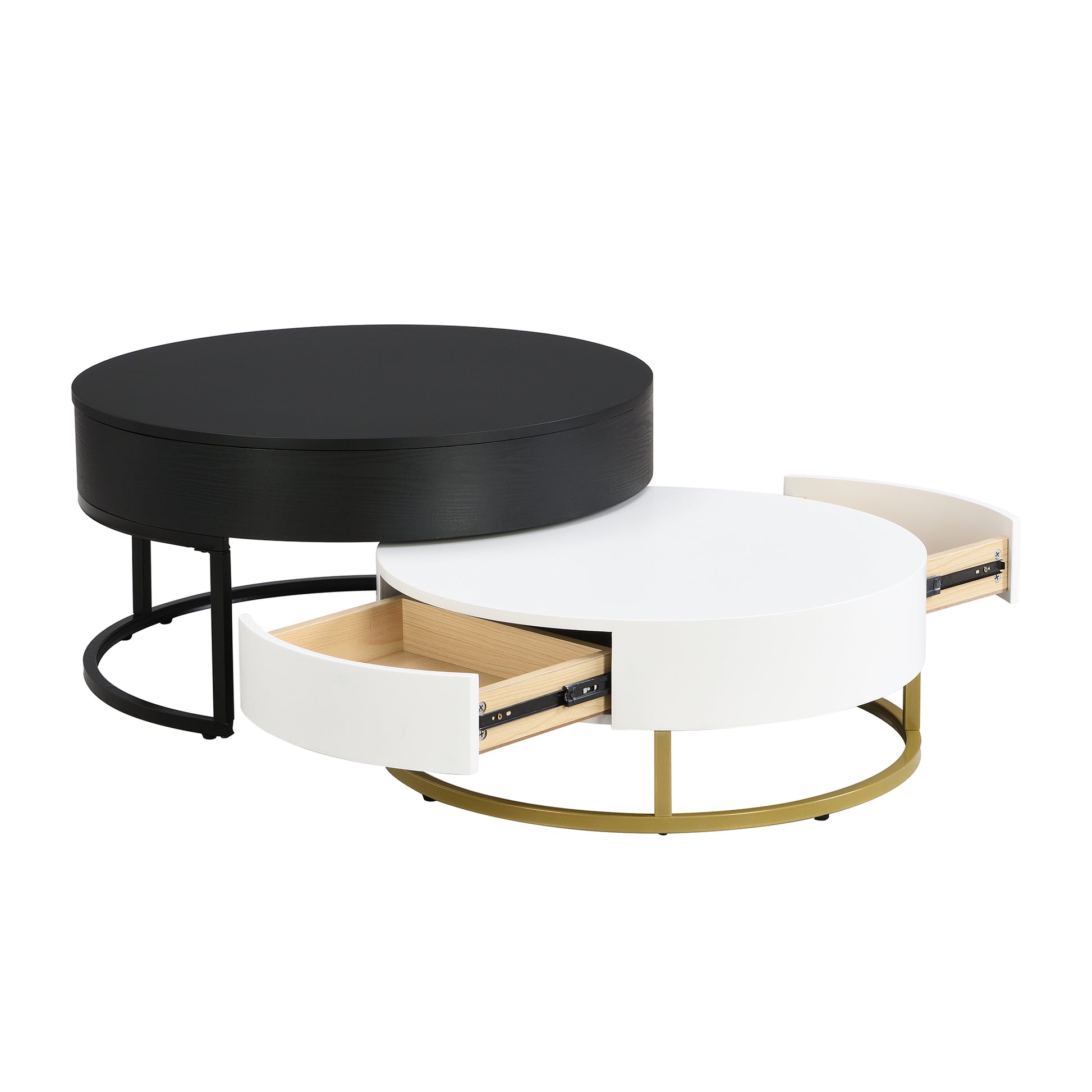 Modern Round Lift Top Nesting Coffee Tables With 2 Drawers White & Black White Black Mdf