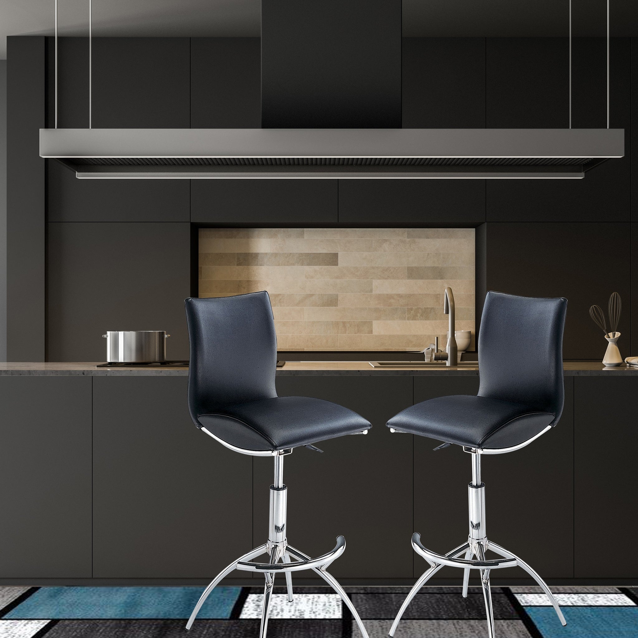 Modern Barstool Chrome Adjustable Height In Black Color Cushion Solid Kitchen Solid Back Iron Black And Silver Polished Foam Wipe Clean Square Contemporary,Modern Bar Stools Foam Chrome