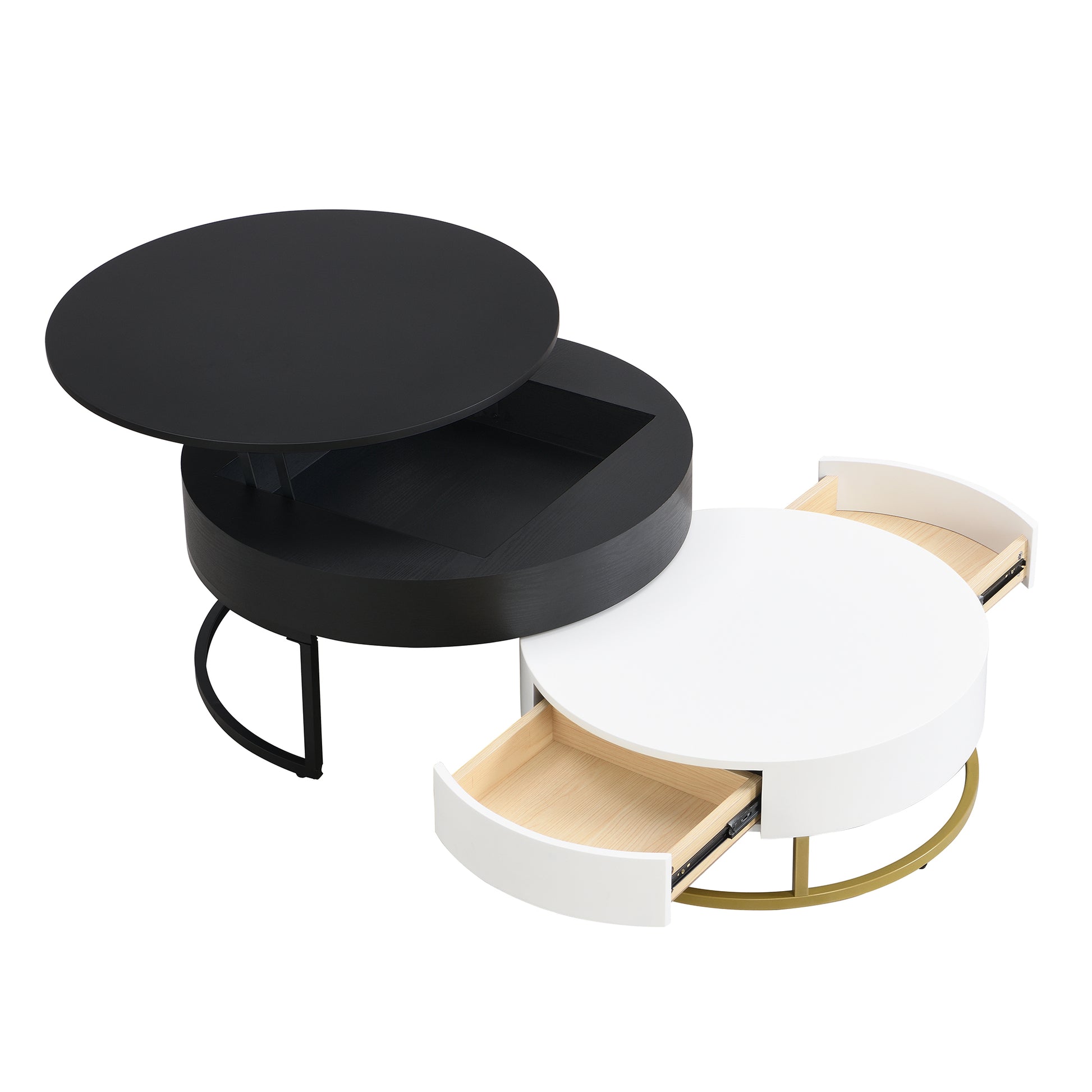 Modern Round Lift Top Nesting Coffee Tables With 2 Drawers White & Black White Black Mdf