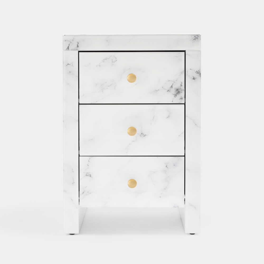 Tempered Glass Nightstand, Marble Nightstand With 3 Drawers,Side Table For Bedroom, Living Room Matte White Mdf