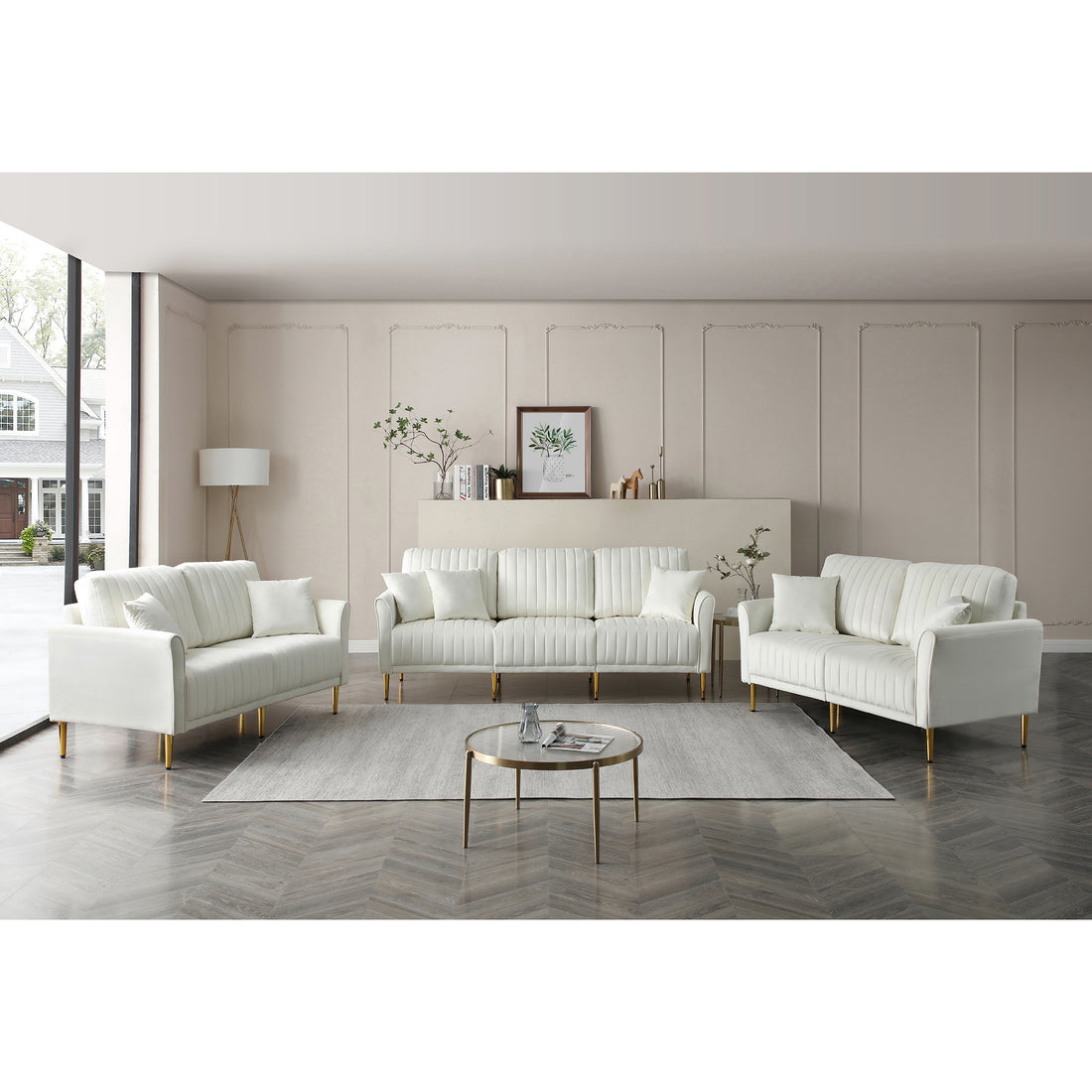 Modern Upholstered Sofa 3 Seater Couches And 2 Set Of 2 Seater Couchses For Living Room Sectional Sofas W Throw Pillows And Gold Metal Legs, Cream Velvet Cream Foam Velvet