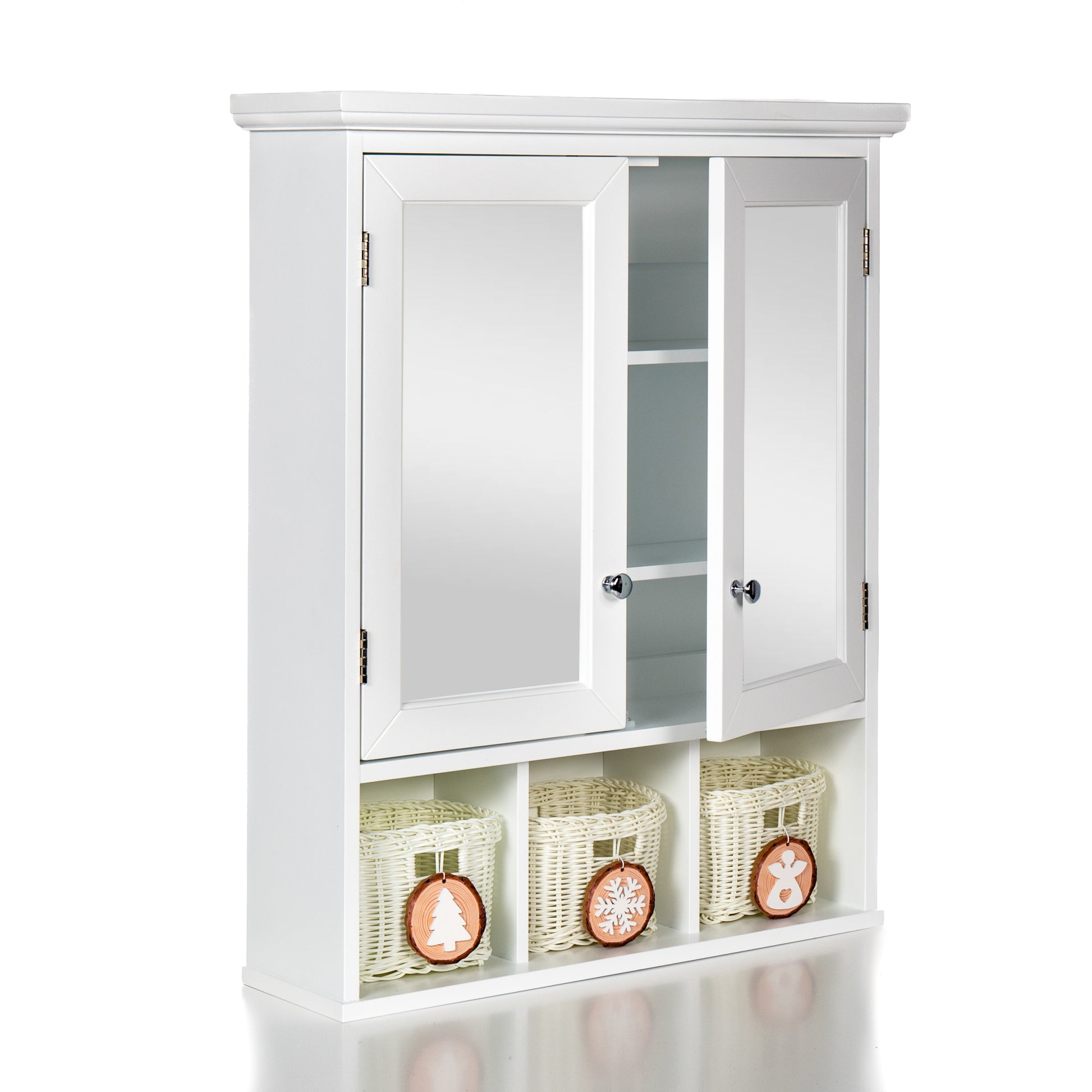 Bathroom Storage Cabinet, Medicine Cabinets For Bathroom With Mirror, 2 Doors 2 Adjustable Shelf 3 Christmas Style Storage Basket, White Wood Cabinet Wall Mounted For Bathroom Laundry Room Kitchen 1 2 Shelves Lacquered White White Bathroom Adjustable