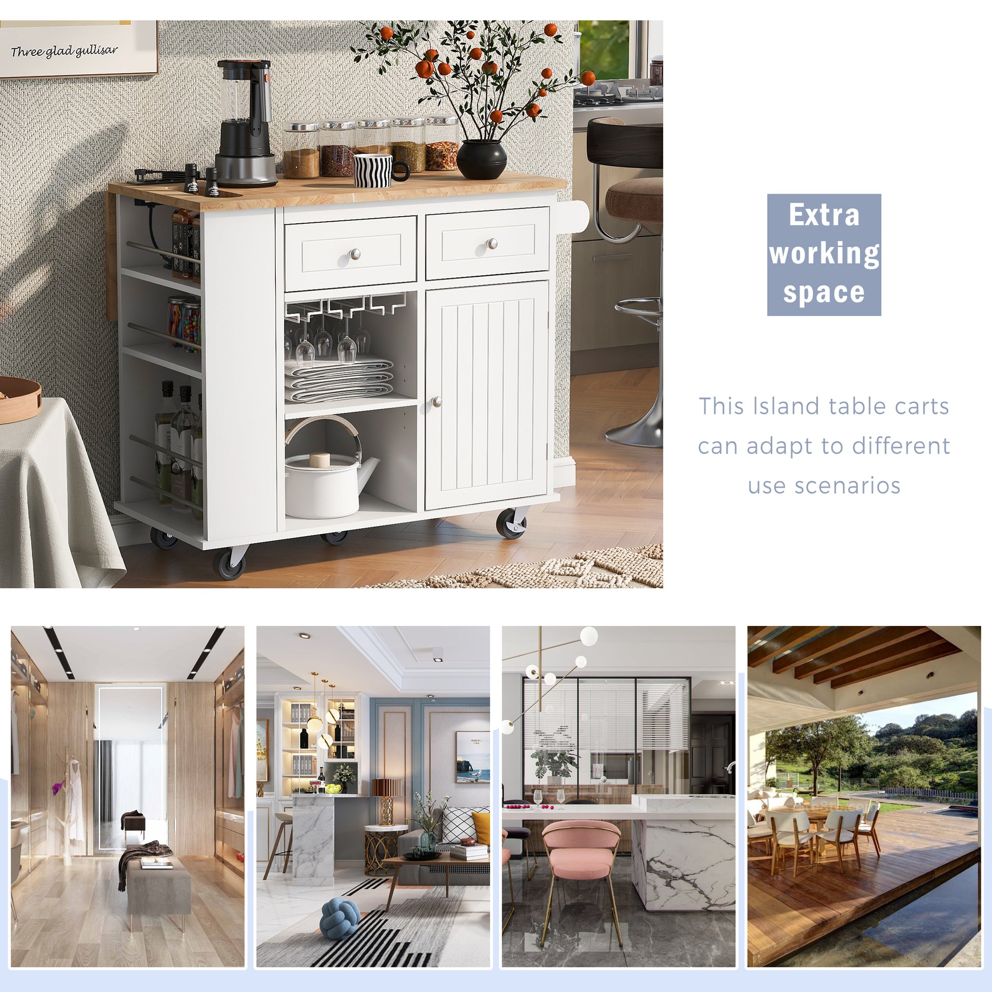 Kitchen Island With Power Outlet,Kitchen Storage Island With Drop Leaf And Rubber Wood,Open Storage And Wine Rack,5 Wheels,With Adjustable Storage For Home, Kitchen, And Dining Room,White White Mdf