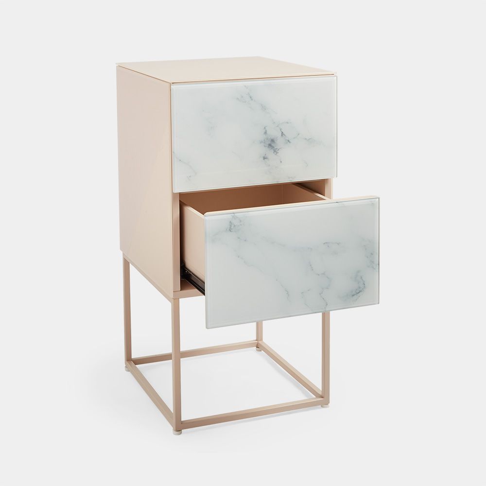 Tempered Glass Marble Stone Double Drawer Bedside Table For Bedroom, Living Room Pink White Mdf Glass