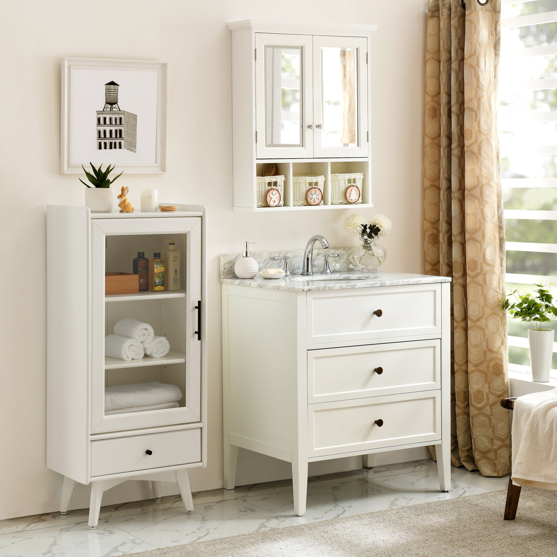 Bathroom Storage Cabinet, Medicine Cabinets For Bathroom With Mirror, 2 Doors 2 Adjustable Shelf 3 Christmas Style Storage Basket, White Wood Cabinet Wall Mounted For Bathroom Laundry Room Kitchen 1 2 Shelves Lacquered White White Bathroom Adjustable