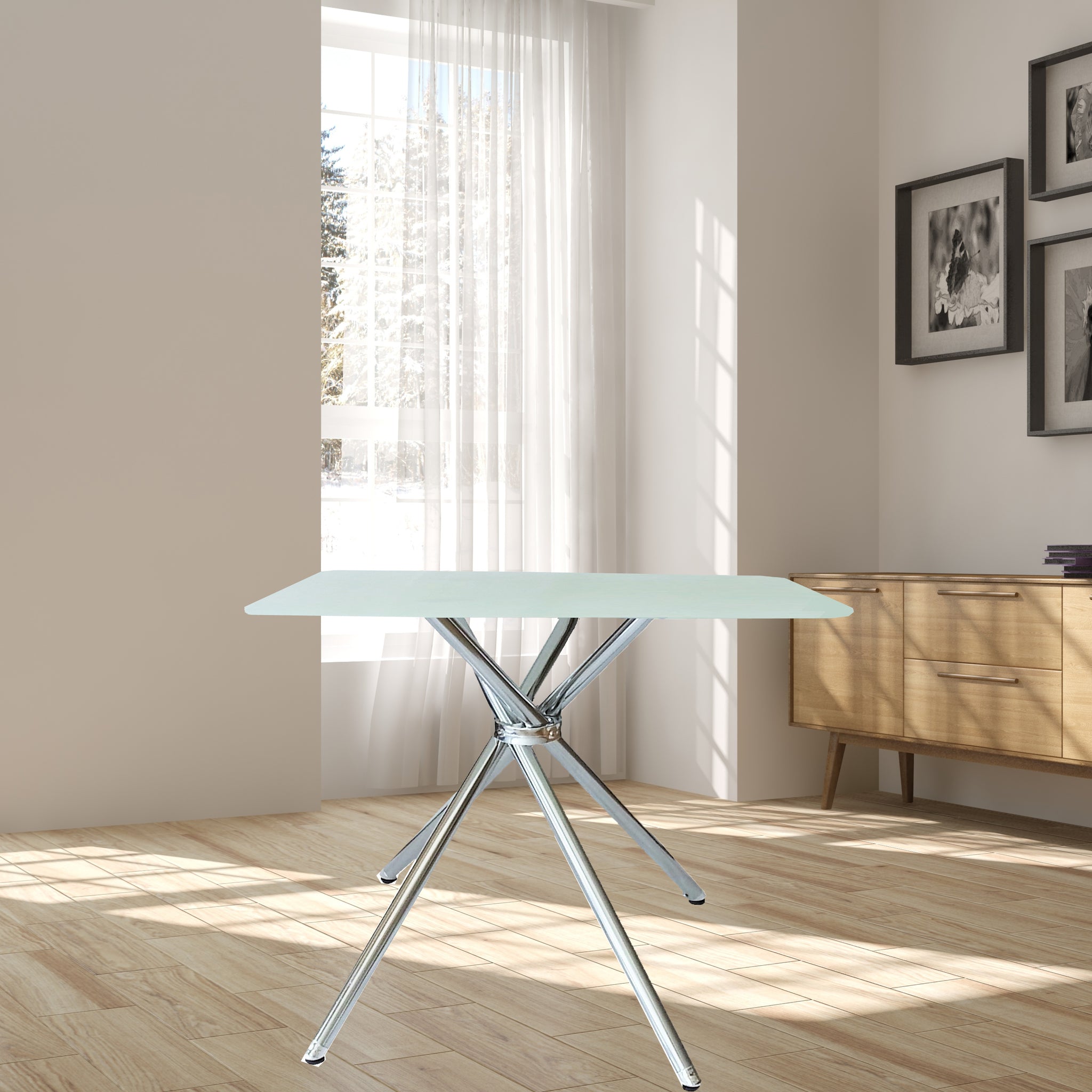 36" Square Frosted Tempered Glass Table Chrome Dining Room Contemporary,Modern Kitchen & Dining Tables Polished Glass