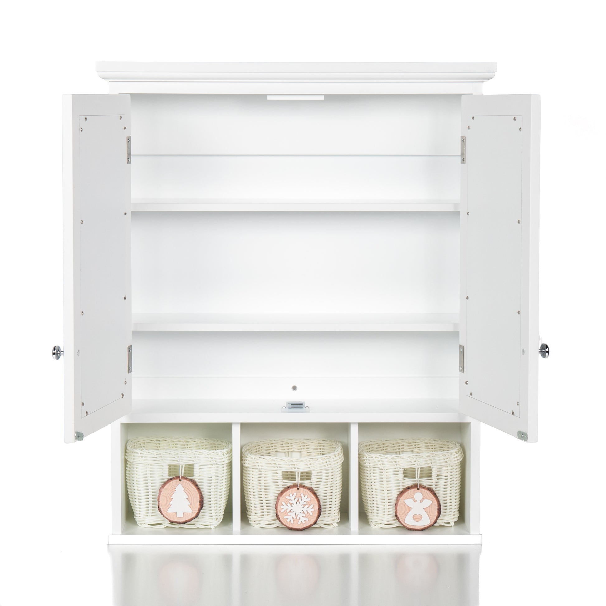Bathroom Storage Cabinet, Medicine Cabinets For Bathroom With Mirror, 2 Doors 2 Adjustable Shelf 3 Christmas Style Storage Basket, White Wood Cabinet Wall Mounted For Bathroom Laundry Room Kitchen 1 2 Shelves Lacquered White White Bathroom Adjustable