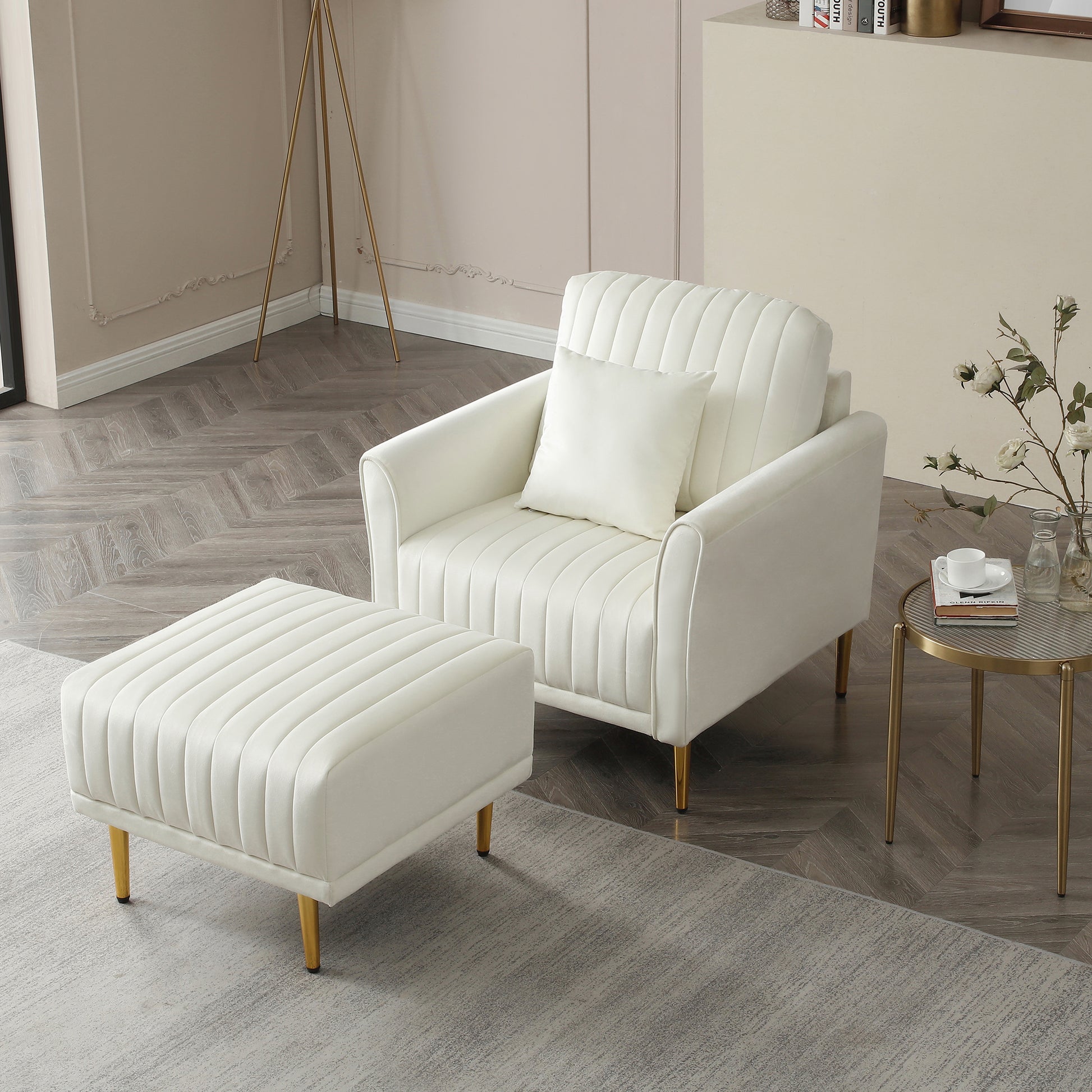 Contemporary Velvet Upholstered Accent Chair And Ottoman Set With Deep Channel Tufting,Cream Cream Foam Velvet
