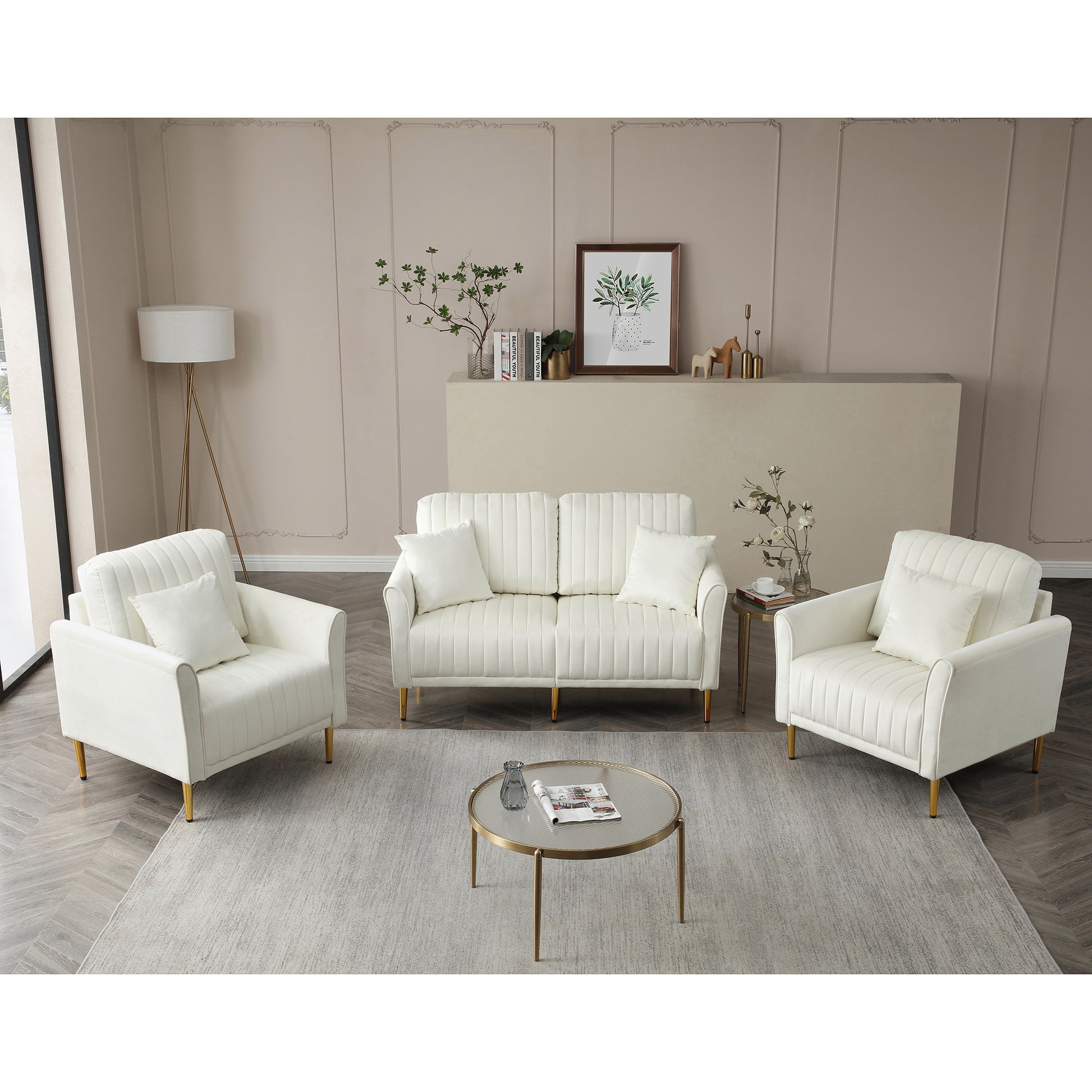 Living Room Sofa Set Of 3, Loveseat Sofa Couch And Comfy Accent Arm Chair W Pillows, Metal Legs, Upholstered Modern Furniture For Bedroom, Office, Small Space, Apartment Cream White Cream Foam Velvet