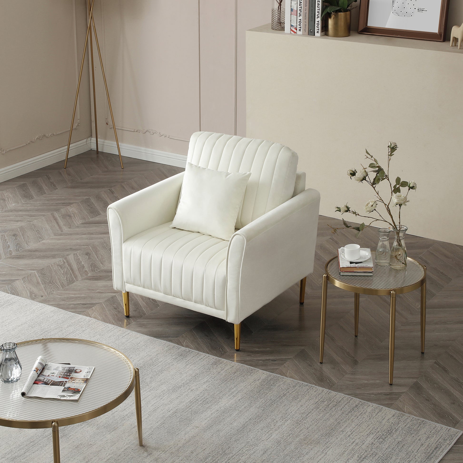 Mid Century Modern Velvet Fabric Accent Chair Armchair For Living Room Bedroom Channel Tufted Upholstered Comfortable Cream Color Reading Armchair Beige Foam Velvet