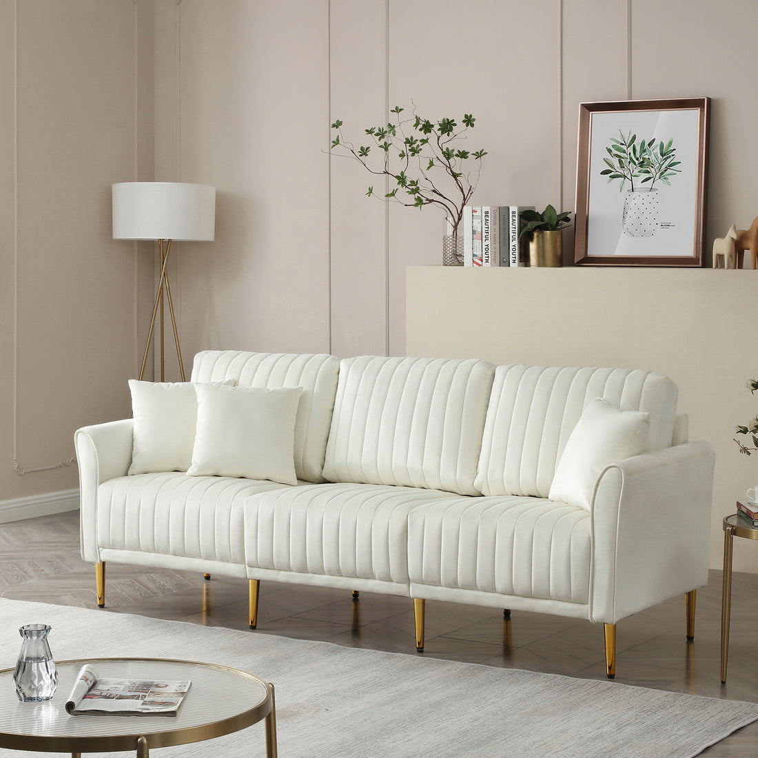 Contemporary Velvet Upholstered 3 Seater Sofa With Deep Channel Tufting And Gold Metal Legs, Cream Cream Foam Velvet