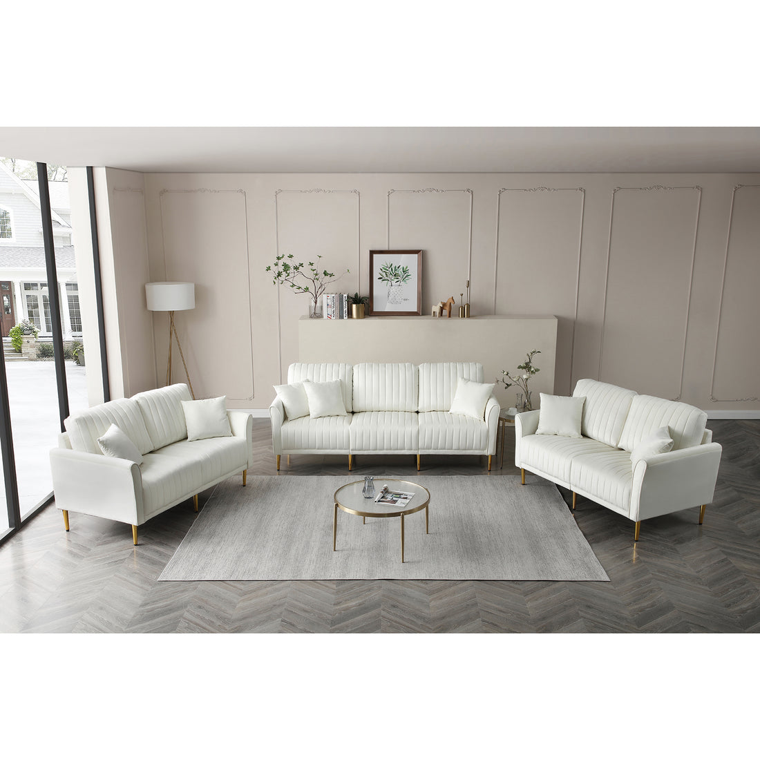 Modern Upholstered Sofa 3 Seater Couches And 2 Set Of 2 Seater Couchses For Living Room Sectional Sofas W Throw Pillows And Gold Metal Legs, Cream Velvet Cream Foam Velvet