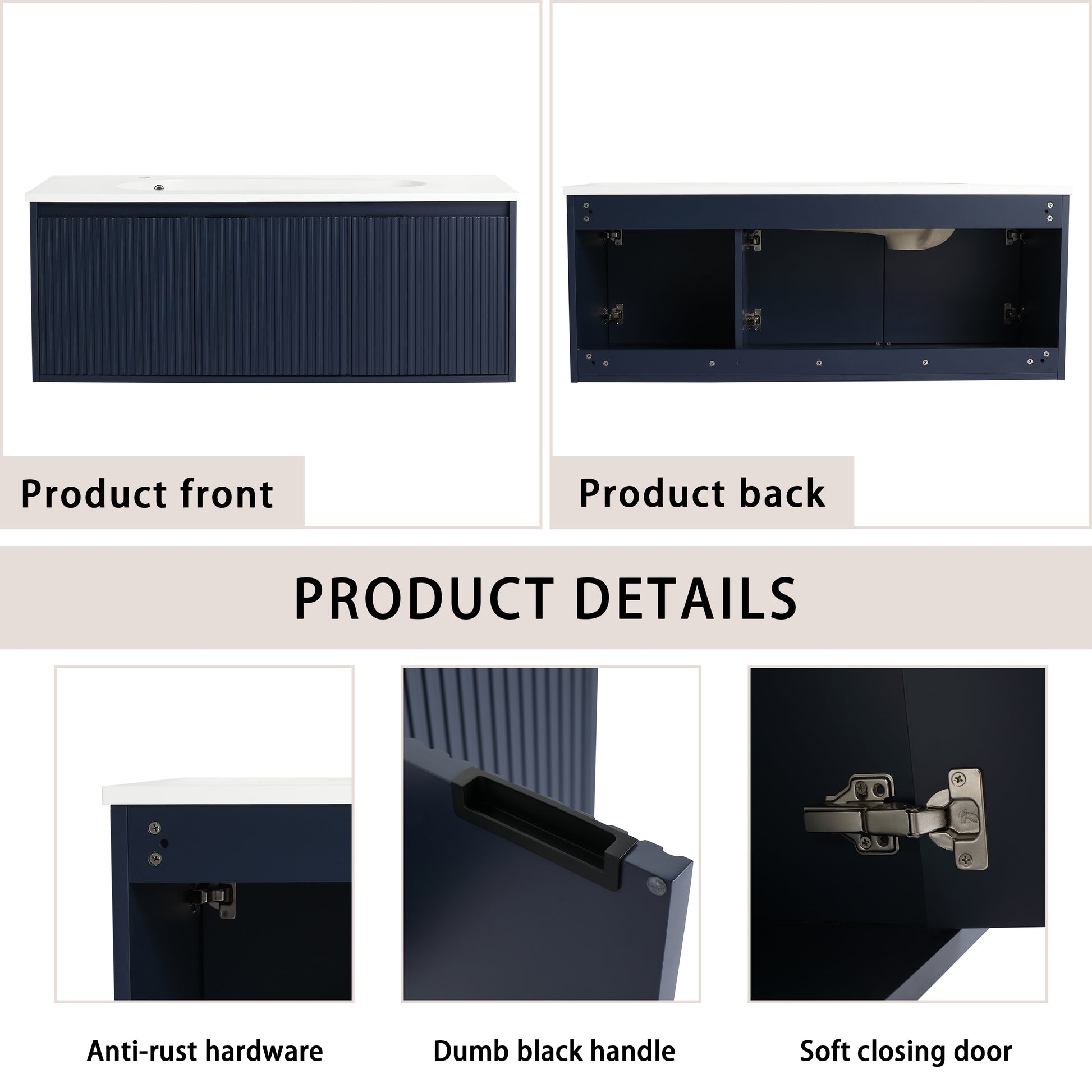 48" Floating Bathroom Vanity With Drop Shaped Resin Sink Navy Blue 3 Bathroom Wall Mounted Modern Plywood