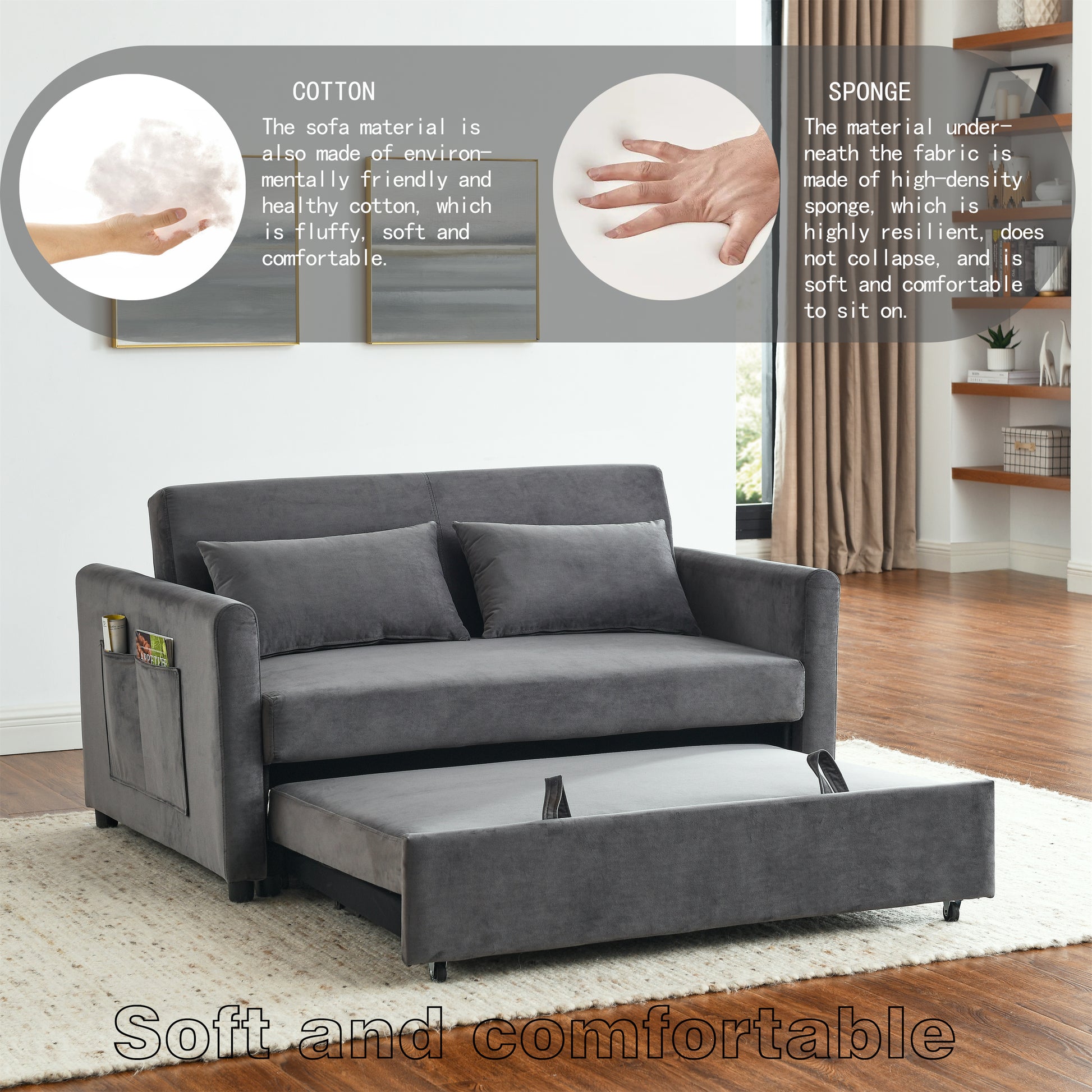 Convertible Sofa Bed, 3 In 1 Versatile Velvet Double Sofa With Pullout Bed, Seat With Adjustable Backrest, Lumbar Pillows, And Living Room Side Pockets, 54 Inch, Grey Light Brown Wood Primary Living Space Delicate Duty Eucalyptus 2 Seat Grey Velvet Soft