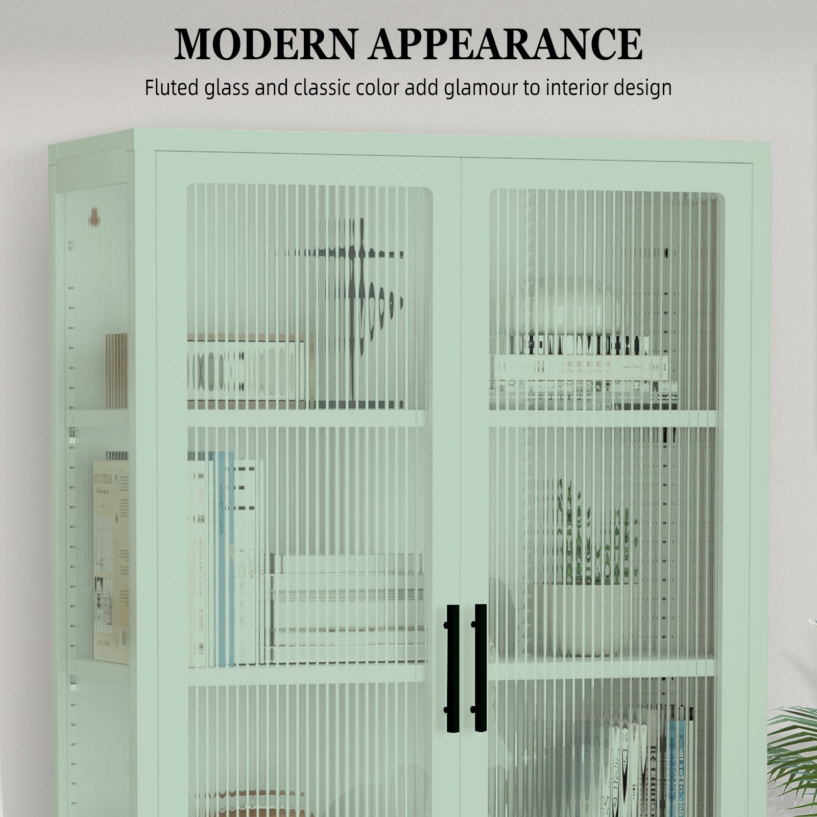 Double Glass Door Storage Cabinet With Adjustable Shelves And Feet Cold Rolled Steel Sideboard Furniture For Living Room Kitchen Mint Green Mint Green Tempered Glass