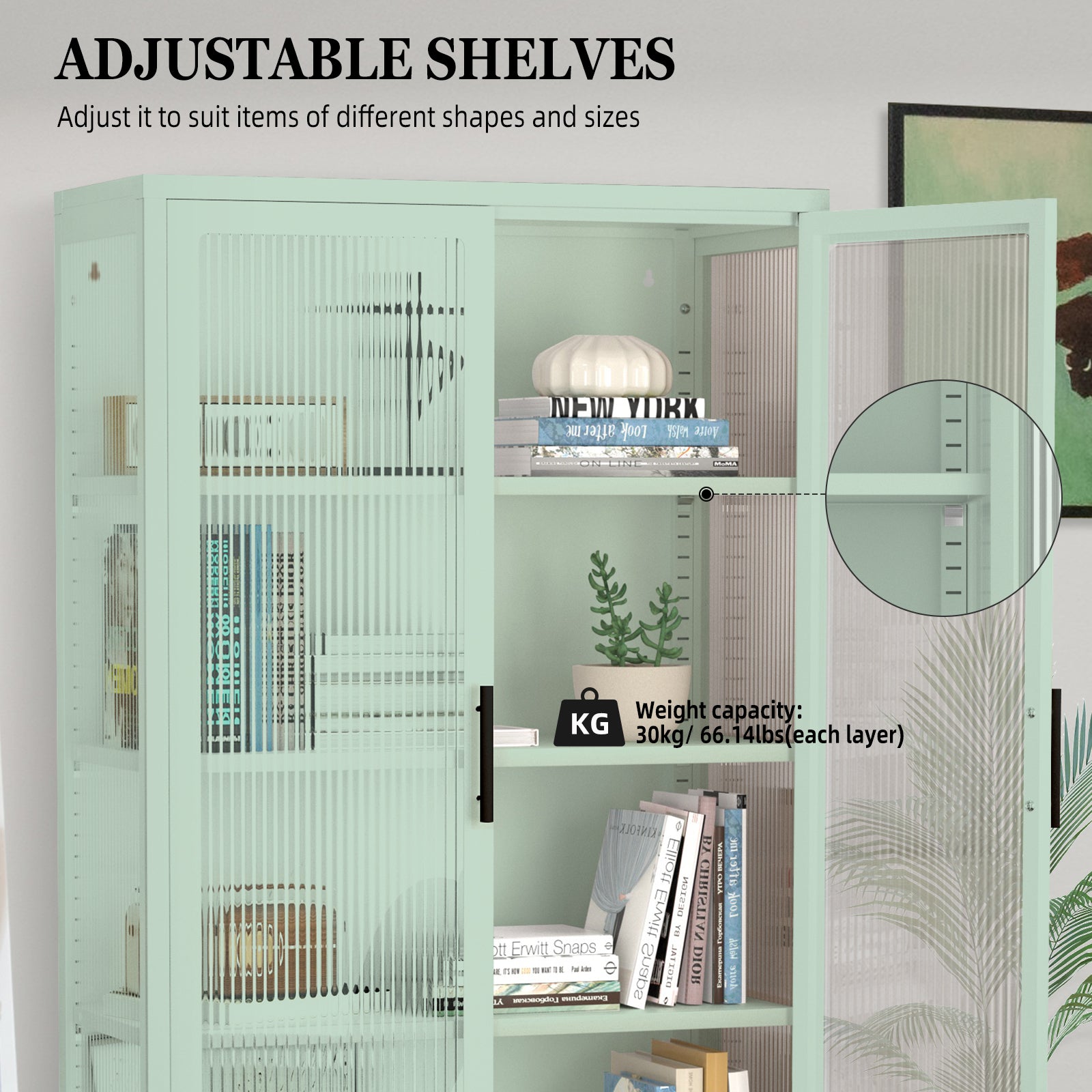 Double Glass Door Storage Cabinet With Adjustable Shelves And Feet Cold Rolled Steel Sideboard Furniture For Living Room Kitchen Mint Green Mint Green Tempered Glass