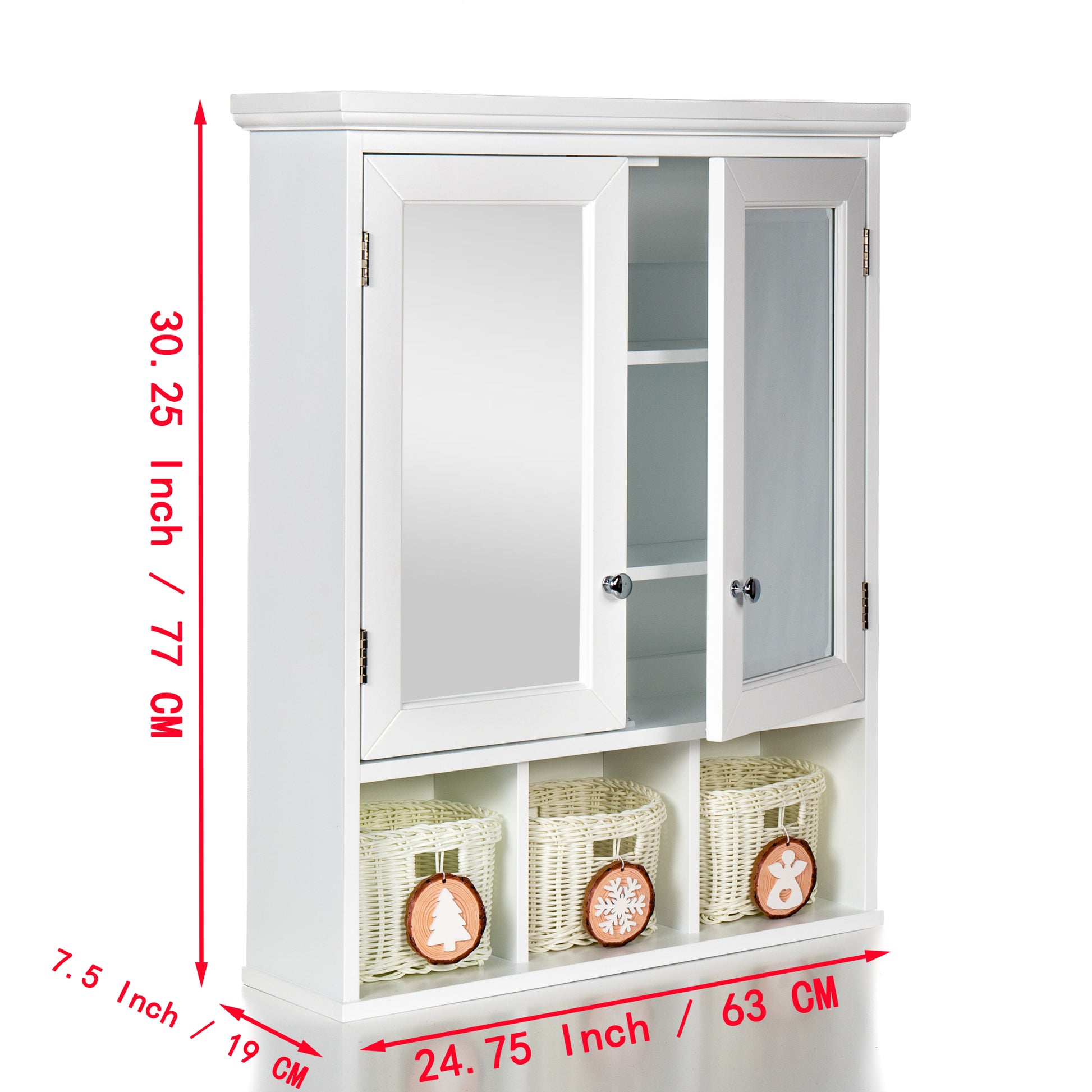 Bathroom Storage Cabinet, Medicine Cabinets For Bathroom With Mirror, 2 Doors 2 Adjustable Shelf 3 Christmas Style Storage Basket, White Wood Cabinet Wall Mounted For Bathroom Laundry Room Kitchen 1 2 Shelves Lacquered White White Bathroom Adjustable