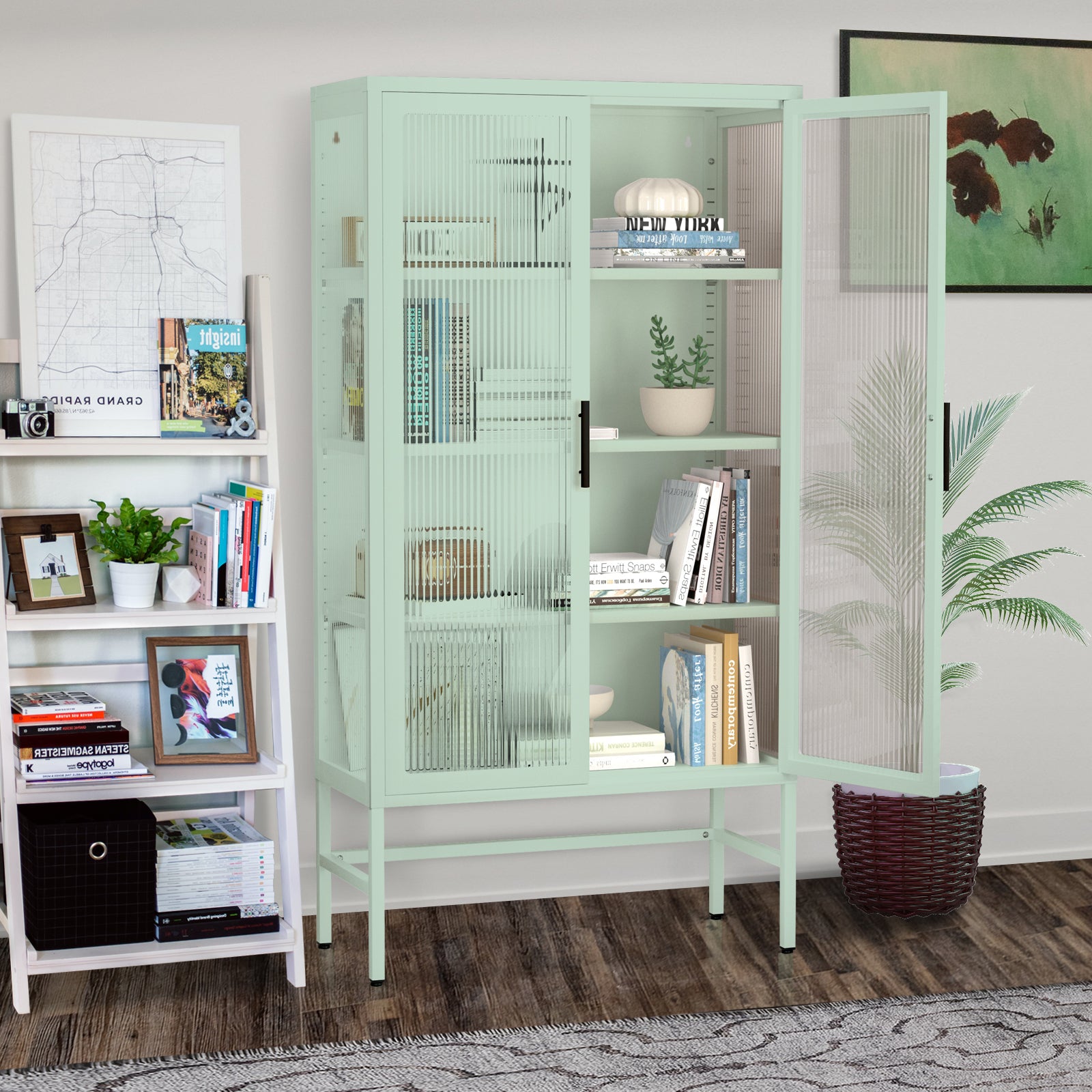 Double Glass Door Storage Cabinet With Adjustable Shelves And Feet Cold Rolled Steel Sideboard Furniture For Living Room Kitchen Mint Green Mint Green Tempered Glass