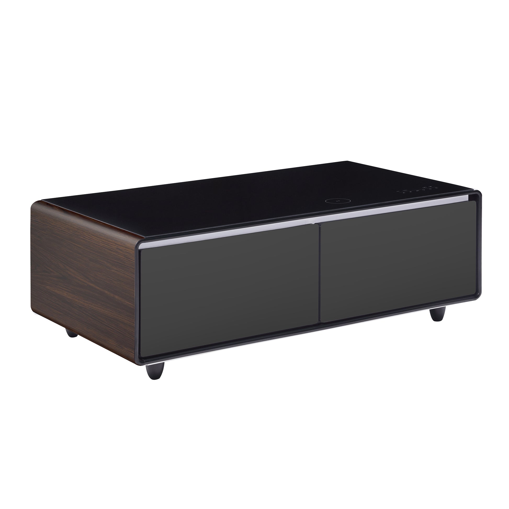 Modern Smart Coffee Table With Built In Fridge, Bluetooth Speaker, Wireless Charging Module, Touch Control Panel, Power Socket, Usb Interface, Outlet Protection, Atmosphere Light, And More, Brown Black Brown Built In Outlets Or Usb Primary Living Space