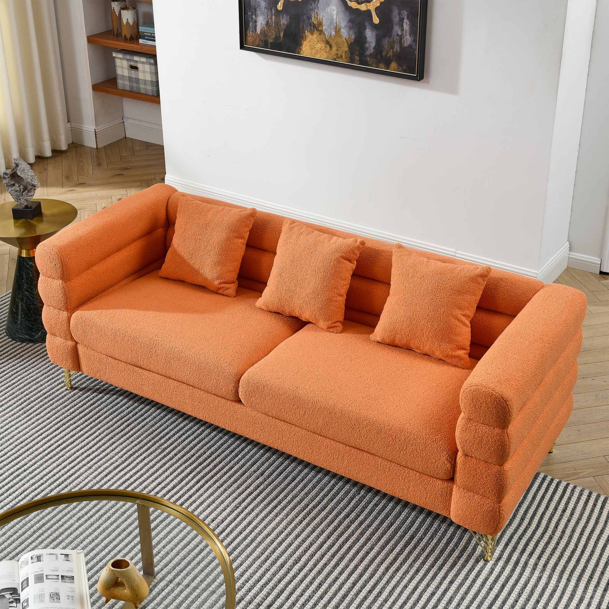 81 Inch Oversized 3 Seater Sectional Sofa, Living Room Comfort Fabric Sectional Sofa Deep Seating Sectional Sofa, Soft Sitting With 3 Pillows For Living Room,Bedroom,Office.,Orange Teddy W834S00034 Orange Primary Living Space American Design Foam Fabric