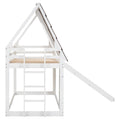 Wood Twin Size House Bunk Bed With Roof, Ladder And Slide, White Brown Box Spring Not Required Twin Brown White Wood Bedroom Pine Bunk Solid Wood Mdf