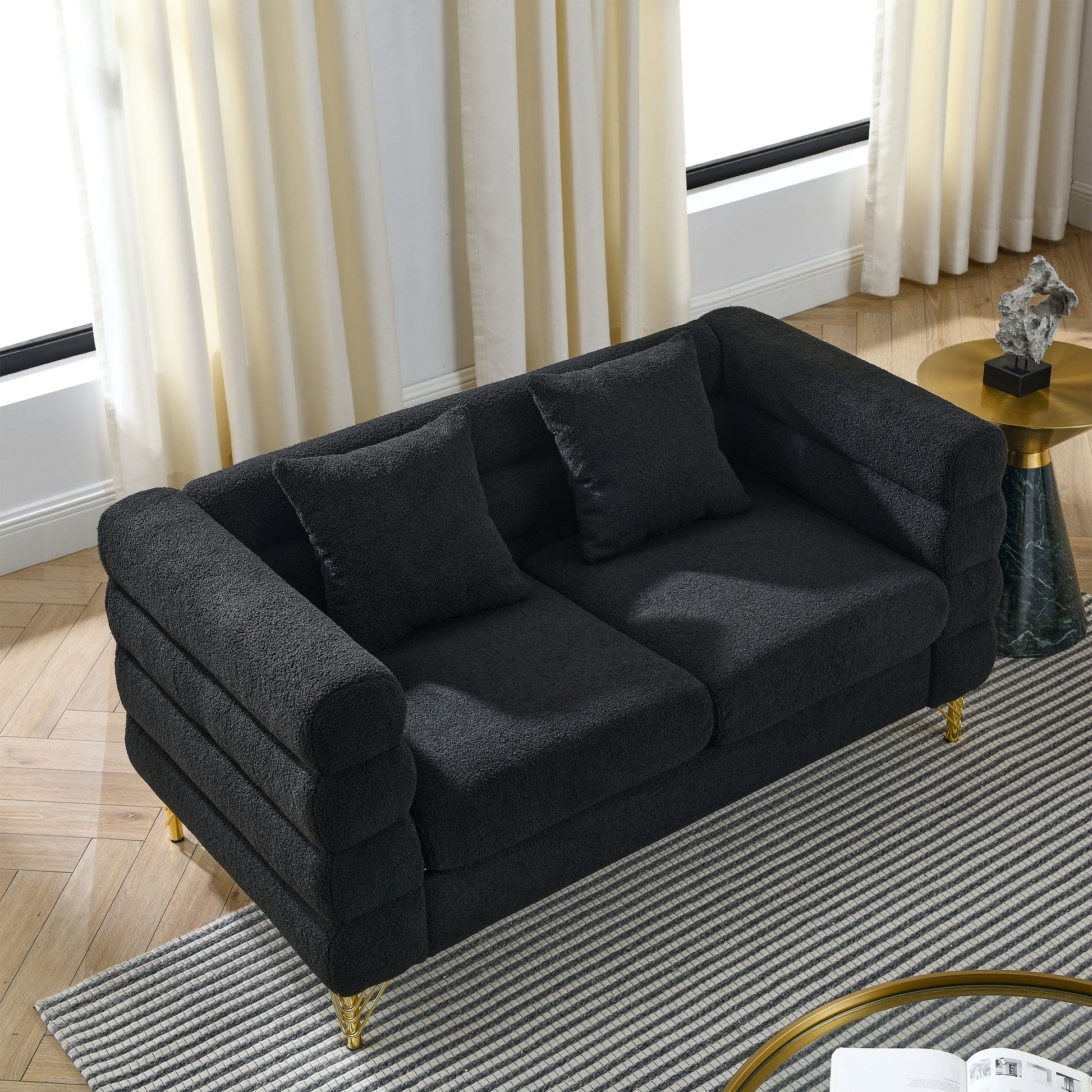 60Inch Oversized 2 Seater Sectional Sofa, Living Room Comfort Fabric Sectional Sofa Deep Seating Sectional Sofa, Soft Sitting With 2 Pillows For Living Room, Bedroom, Office, Black Teddy W834S00030 Black Primary Living Space American Design Foam Fabric 2
