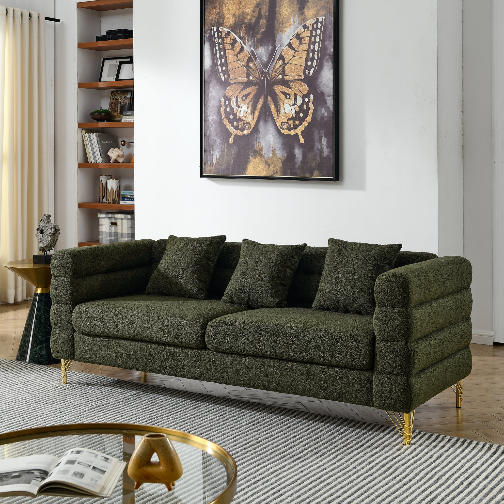 81Inch Oversized 3 Seater Sectional Sofa, Living Room Comfort Fabric Sectional Sofa Deep Seating Sectional Sofa, Soft Sitting With 3 Pillows For Living Room, Bedroom, Office Green Teddy W834S00033 Green Primary Living Space American Design Foam Fabric 3