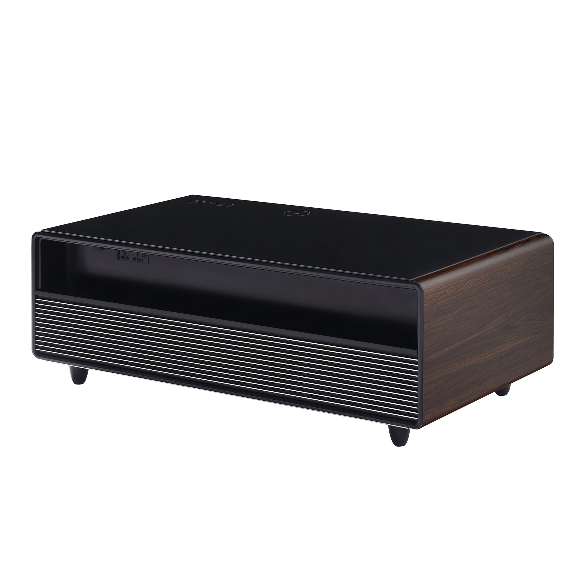 Modern Smart Coffee Table With Built In Fridge, Bluetooth Speaker, Wireless Charging Module, Touch Control Panel, Power Socket, Usb Interface, Outlet Protection, Atmosphere Light, And More, Brown Black Brown Built In Outlets Or Usb Primary Living Space