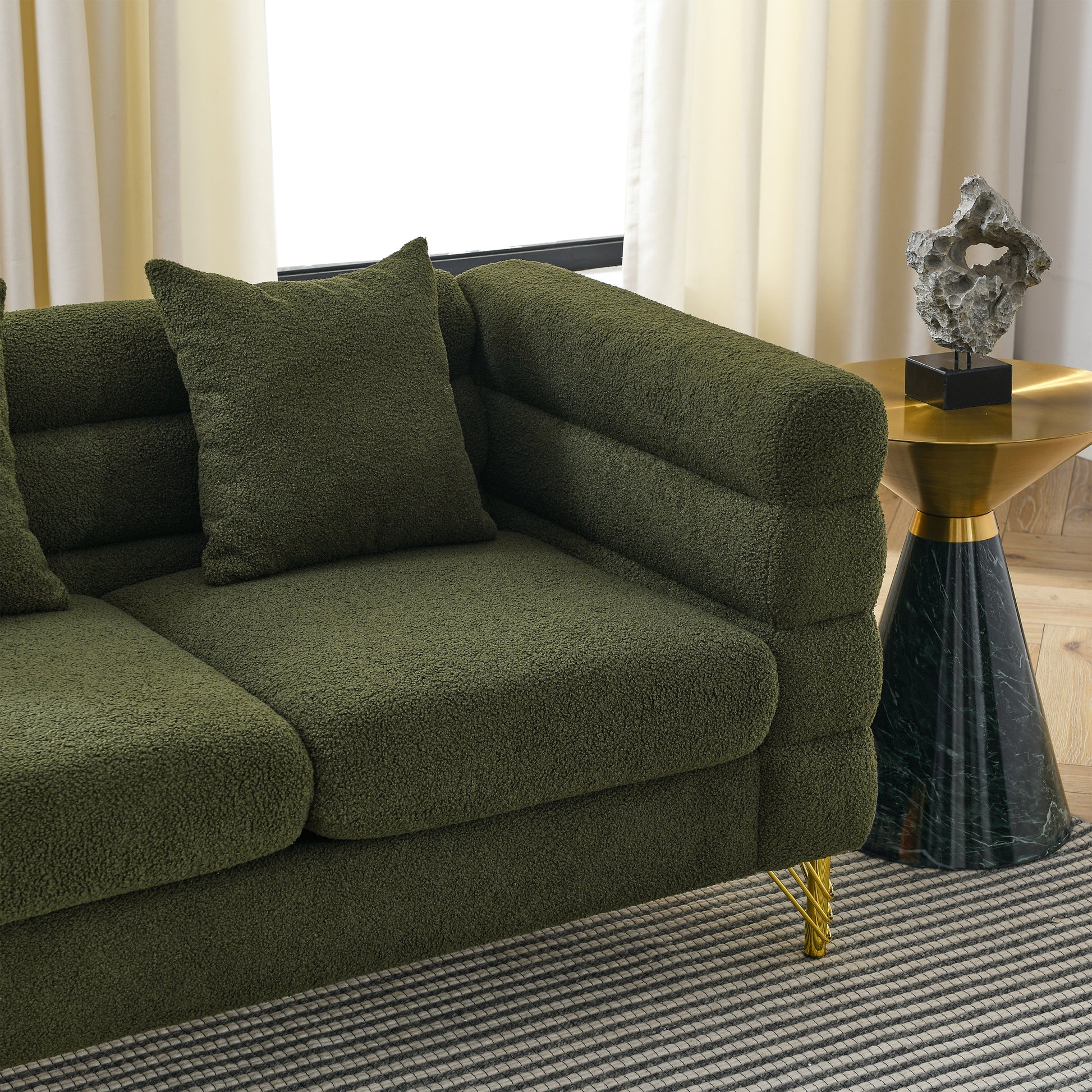 60Inch Oversized 2 Seater Sectional Sofa, Living Room Comfort Fabric Sectional Sofa Deep Seating Sectional Sofa, Soft Sitting With 2 Pillows For Living Room, Bedroom, Office, Green Teddy W834S00032 Green Primary Living Space American Design Foam Fabric 2
