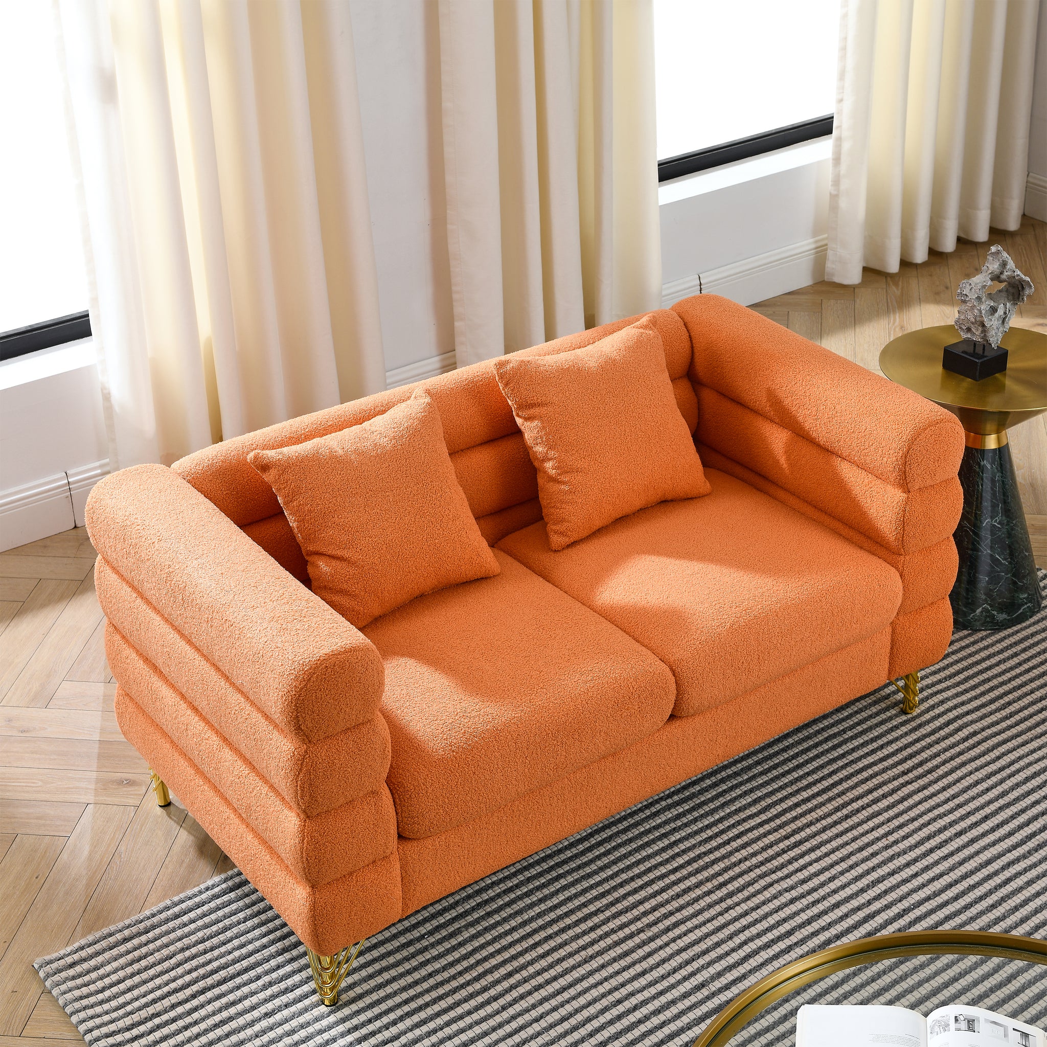60Inch Oversized 2 Seater Sectional Sofa, Living Room Comfort Fabric Sectional Sofa Deep Seating Sectional Sofa, Soft Sitting With 2 Pillows For Living Room,Bedroom,Office,Orange Teddy W834S00031 Orange Primary Living Space American Design Foam Fabric 2