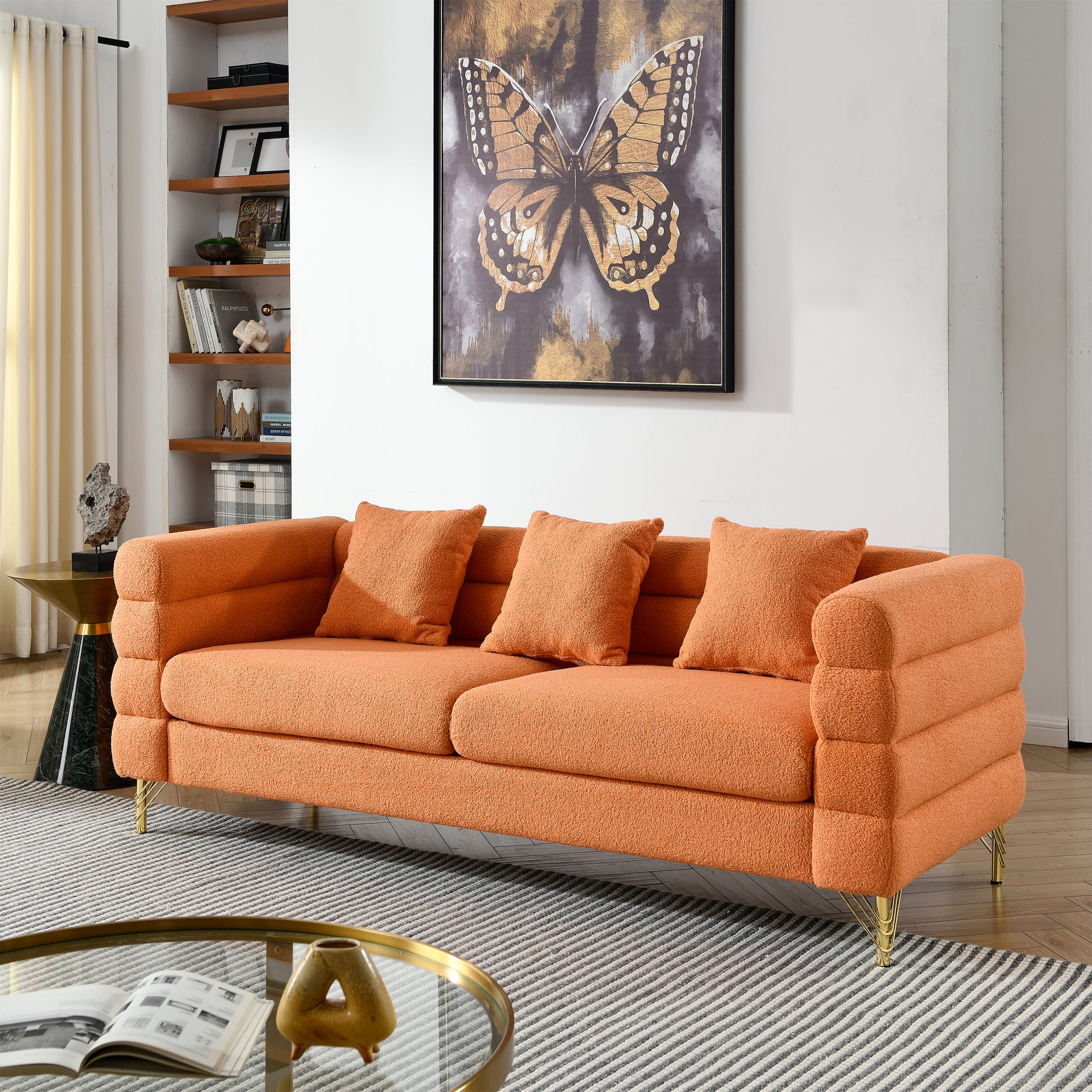 81 Inch Oversized 3 Seater Sectional Sofa, Living Room Comfort Fabric Sectional Sofa Deep Seating Sectional Sofa, Soft Sitting With 3 Pillows For Living Room,Bedroom,Office.,Orange Teddy W834S00034 Orange Primary Living Space American Design Foam Fabric