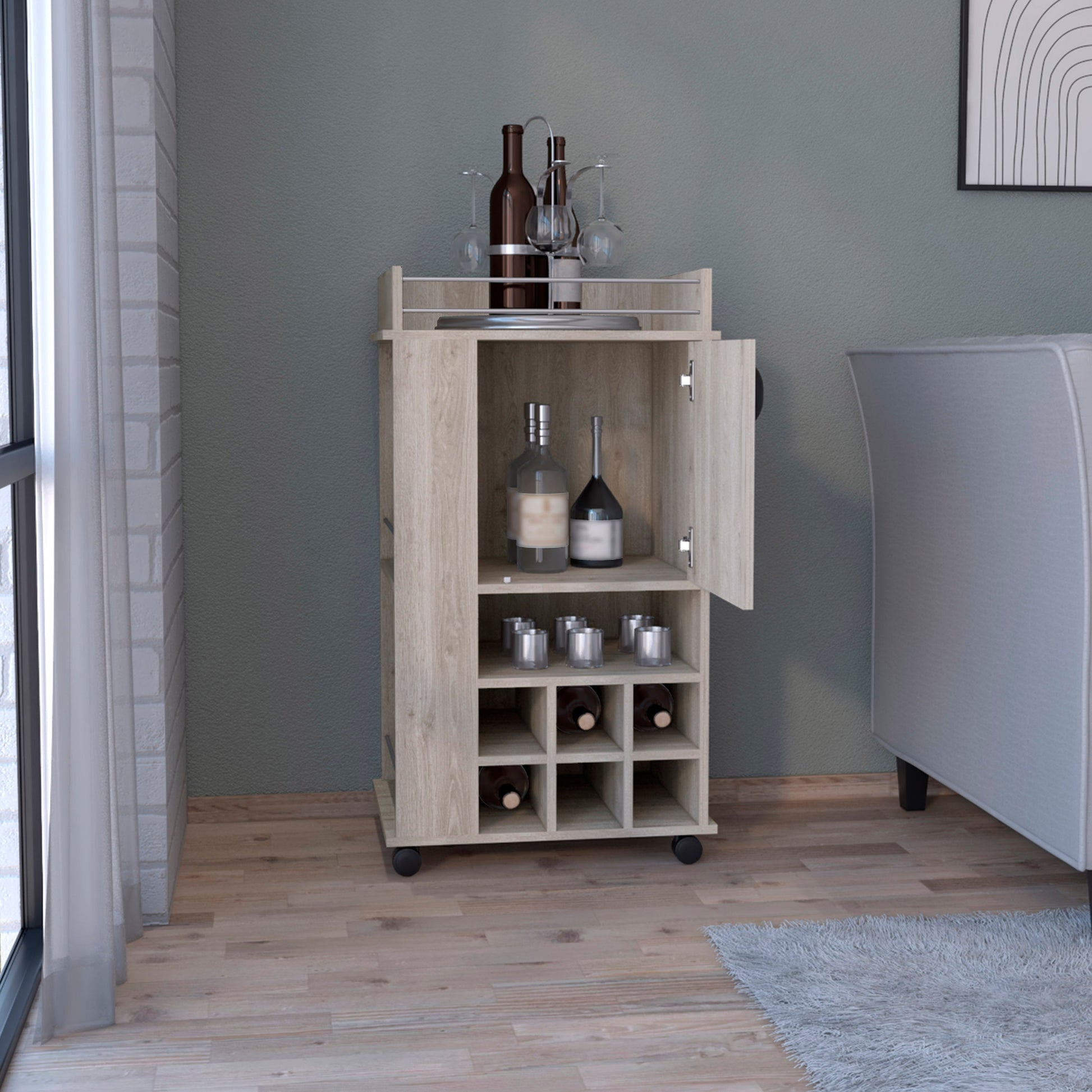 Light Gray 4 Wheel Bar Cart Cabinet For Kitchen Or Living Room, With 6 Built In Bottle Racks, 1 Interior Shelve, 2 Side Shelves, 1 Space With Wood Door To Store Glasses, Cups, Coffee Or Snacks. Gray Particle Board Particle Board