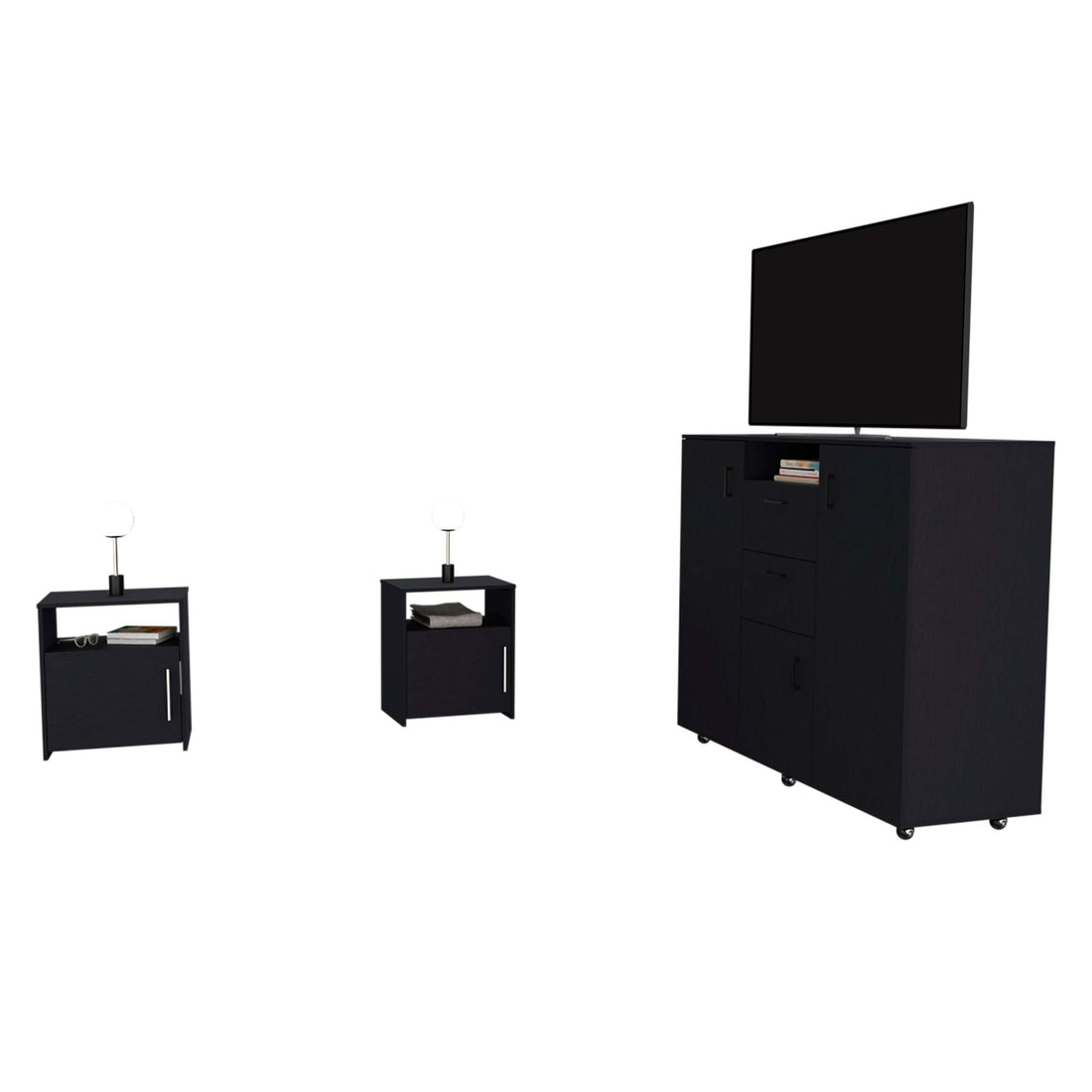 3 Piece Bedroom Set, Milano Double Door Cabinet Dresser 2 Omaha Nightstands, Black Black Particle Board Particle Board