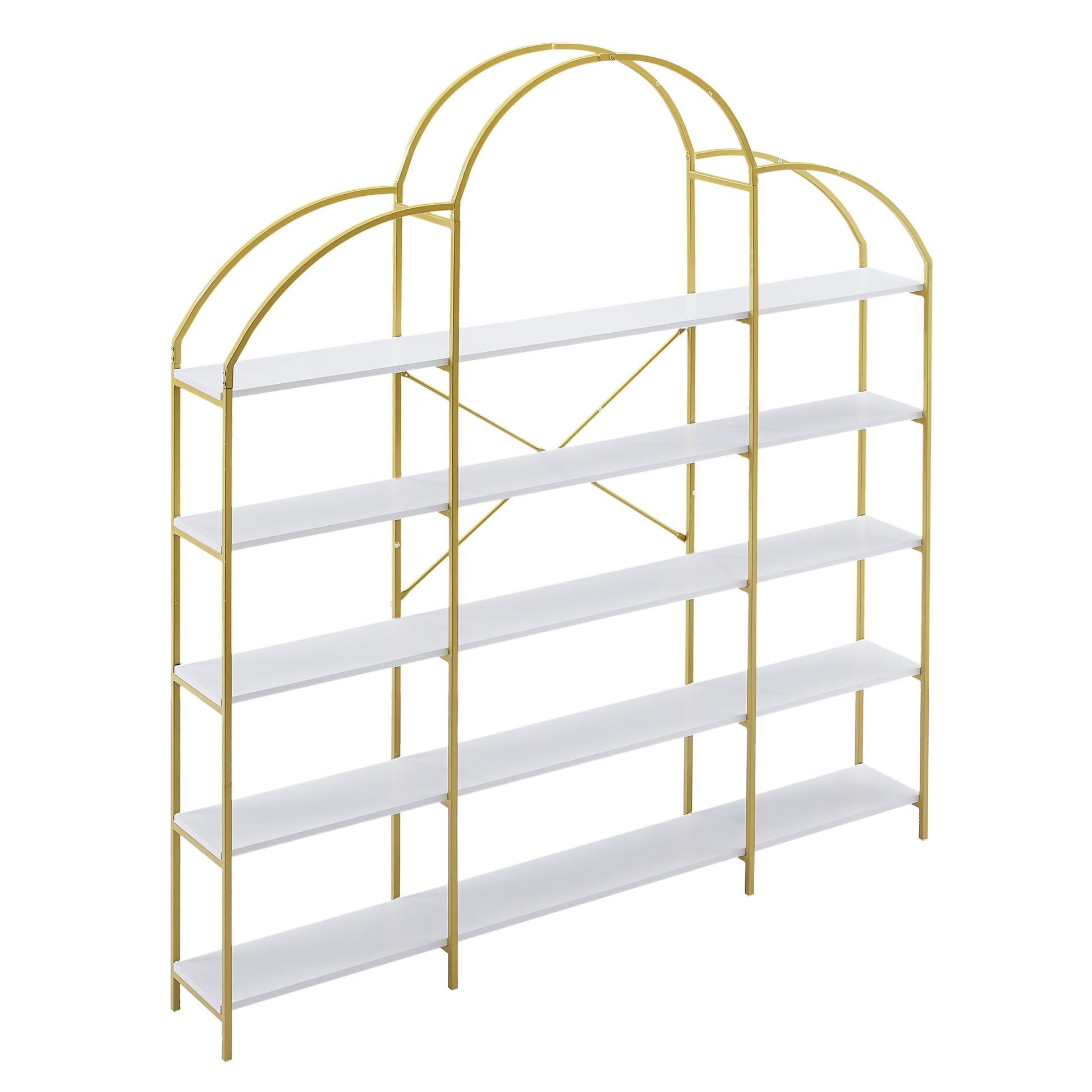74.8 Inch 5 Tiers Office Bookcase Bookshelf, Display Shelf With Round Top, X Bar Gold Frame Golden White Mdf Steel