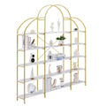 74.8 Inch 5 Tiers Office Bookcase Bookshelf, Display Shelf With Round Top, X Bar Gold Frame Golden White Mdf Steel