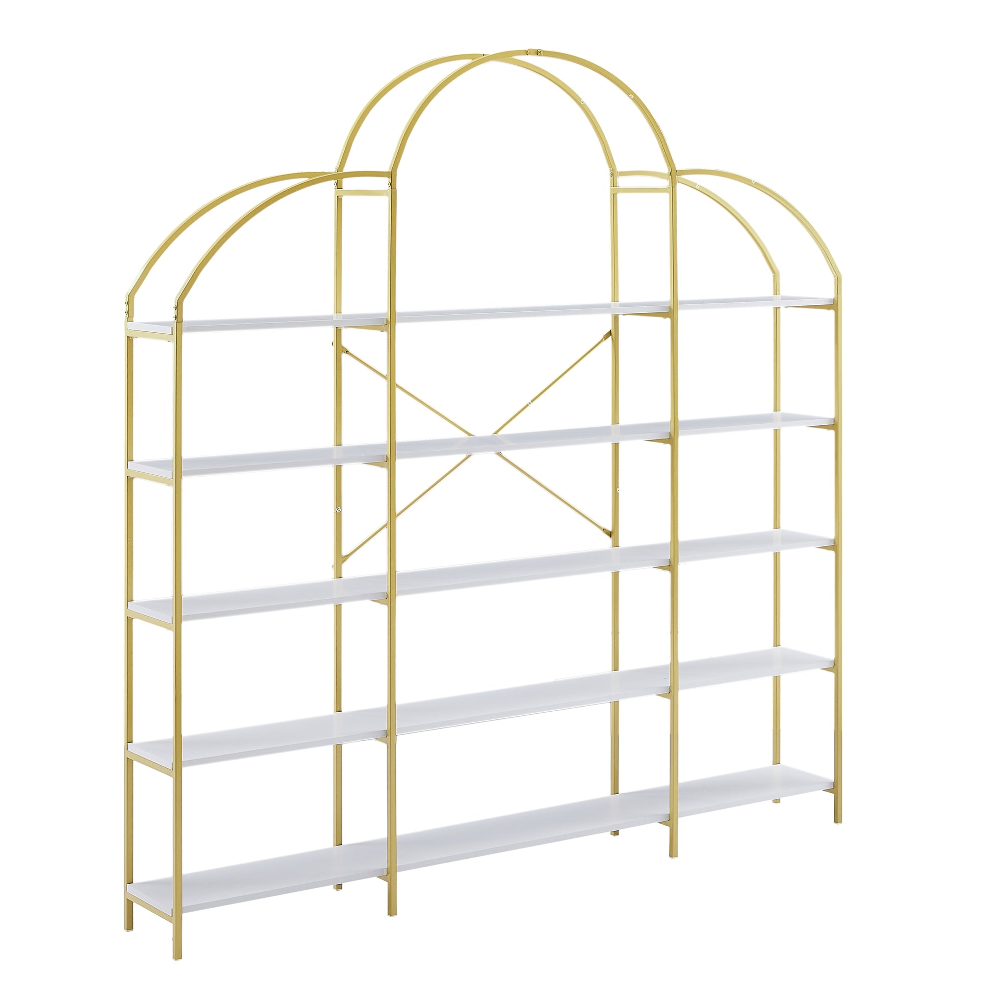 74.8 Inch 5 Tiers Office Bookcase Bookshelf, Display Shelf With Round Top, X Bar Gold Frame Golden White Mdf Steel