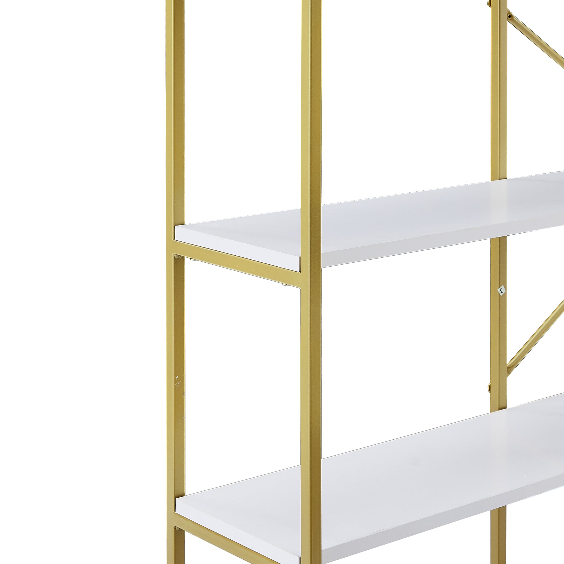 74.8 Inch 5 Tiers Office Bookcase Bookshelf, Display Shelf With Round Top, X Bar Gold Frame Golden White Mdf Steel