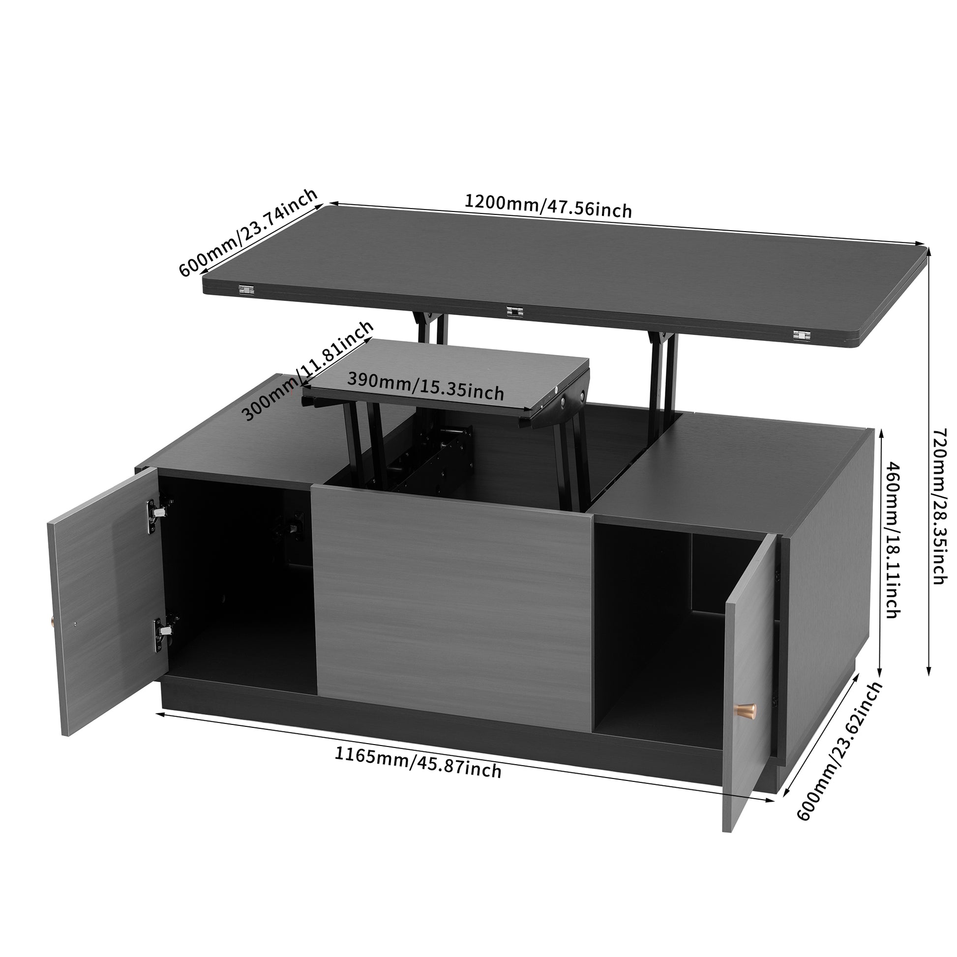 Modern Gray Multi Functional Rectangle Lift Top Coffee Table Extendable With Storage Dark Gray Mdf