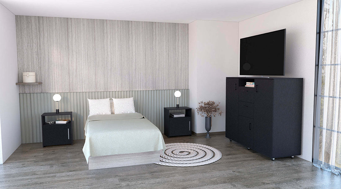 3 Piece Bedroom Set, Milano Double Door Cabinet Dresser 2 Omaha Nightstands, Black Black Particle Board Particle Board