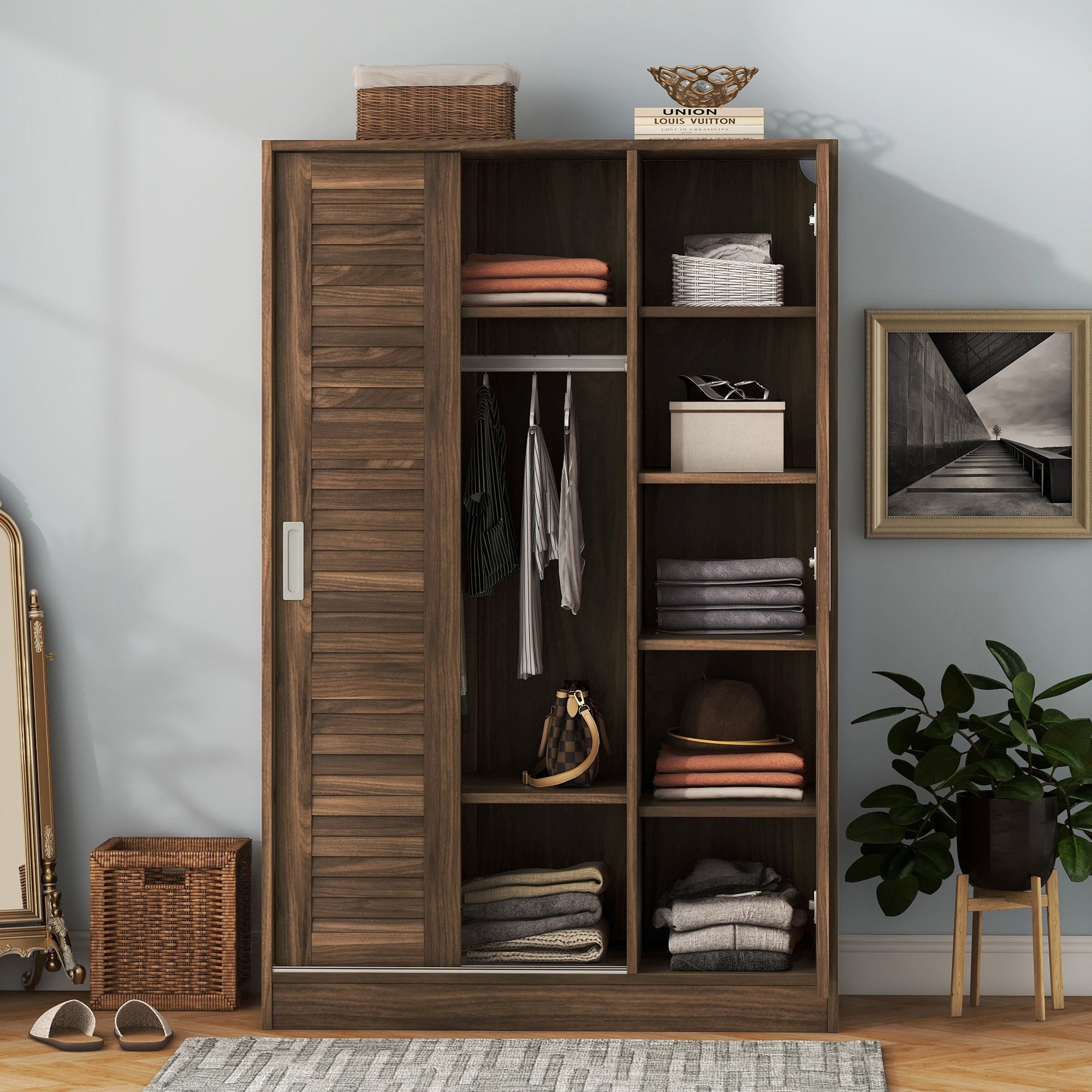 3 Door Shutter Wardrobe With Shelves, Walnut Sliding Walnut Shelf Bedroom Shelf Contemporary 3 Mdf