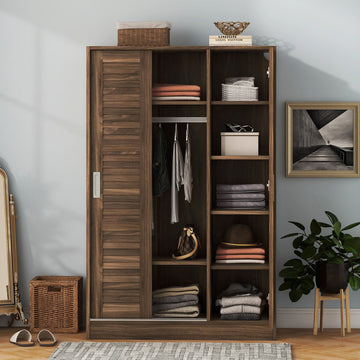 3 Door Shutter Wardrobe With Shelves, Walnut Sliding Walnut Shelf Bedroom Shelf Contemporary 3 Mdf