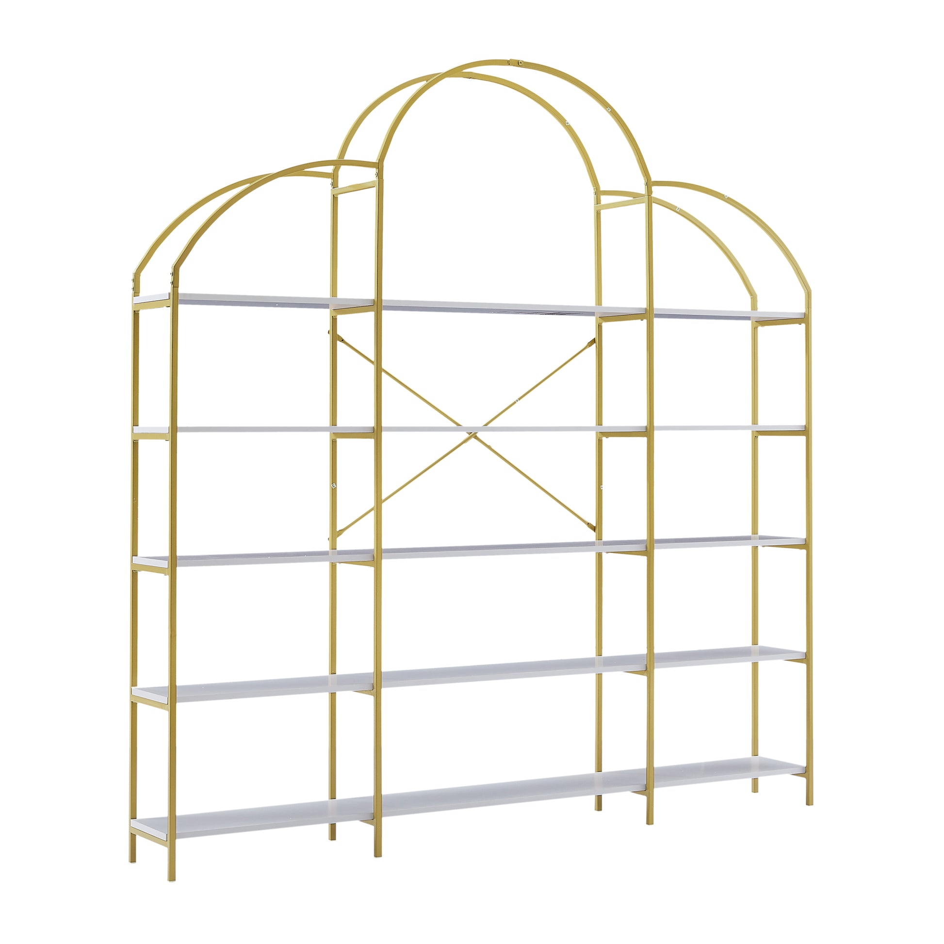 74.8 Inch 5 Tiers Office Bookcase Bookshelf, Display Shelf With Round Top, X Bar Gold Frame Golden White Mdf Steel