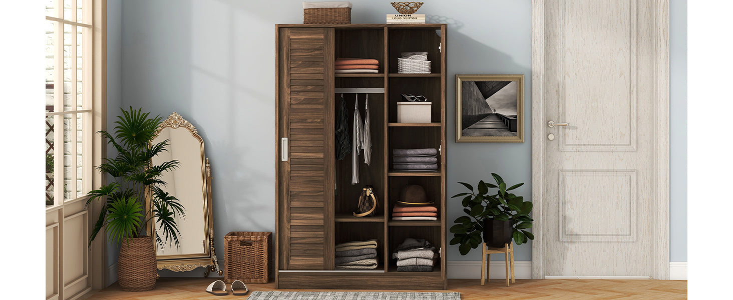 3 Door Shutter Wardrobe With Shelves, Walnut Sliding Walnut Shelf Bedroom Shelf Contemporary 3 Mdf