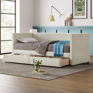 Twin Size Corduroy Daybed With Two Drawers And Wood Slat, Beige Beige Corduroy