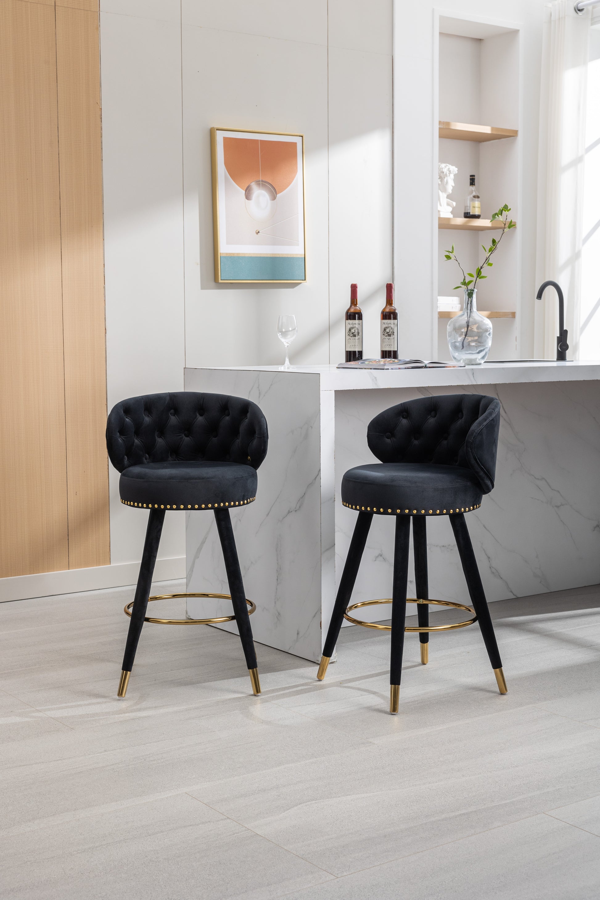 Coolmore Counter Height Bar Stools Set Of 2 For Kitchen Counter Solid Wood Legs With A Fixed Height Of 360 Degrees Black Velvet