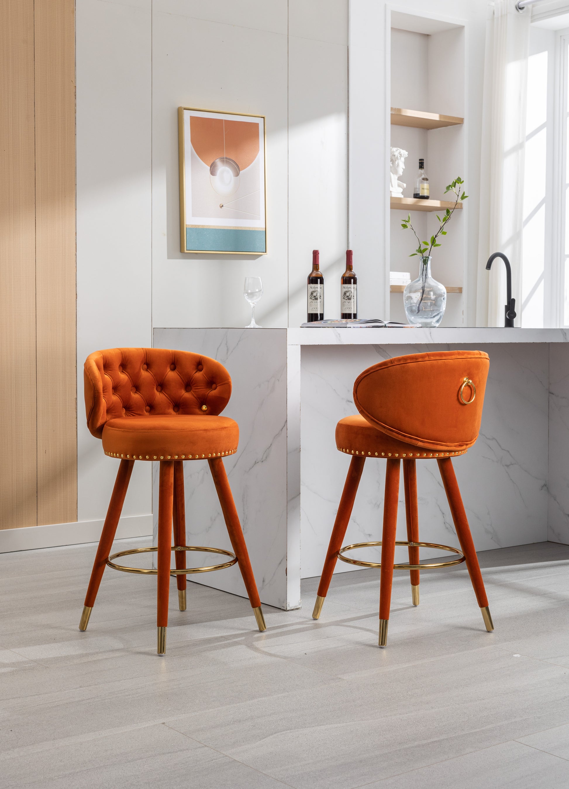 Coolmore Counter Height Bar Stools Set Of 2 For Kitchen Counter Solid Wood Legs With A Fixed Height Of 360 Degrees Orange Velvet