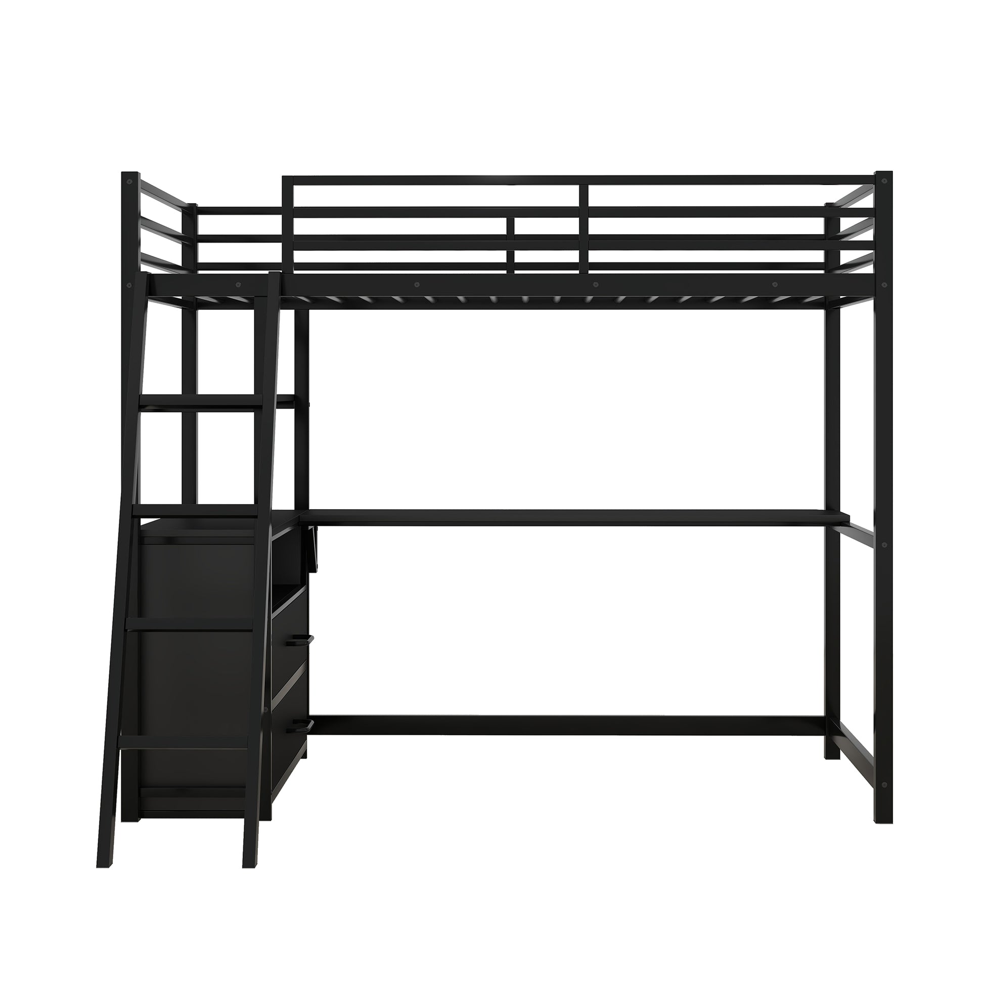 Twin Size Metal&Wood Loft Bed With Desk And Shelves, Two Built In Drawers, Black Black Metal & Wood