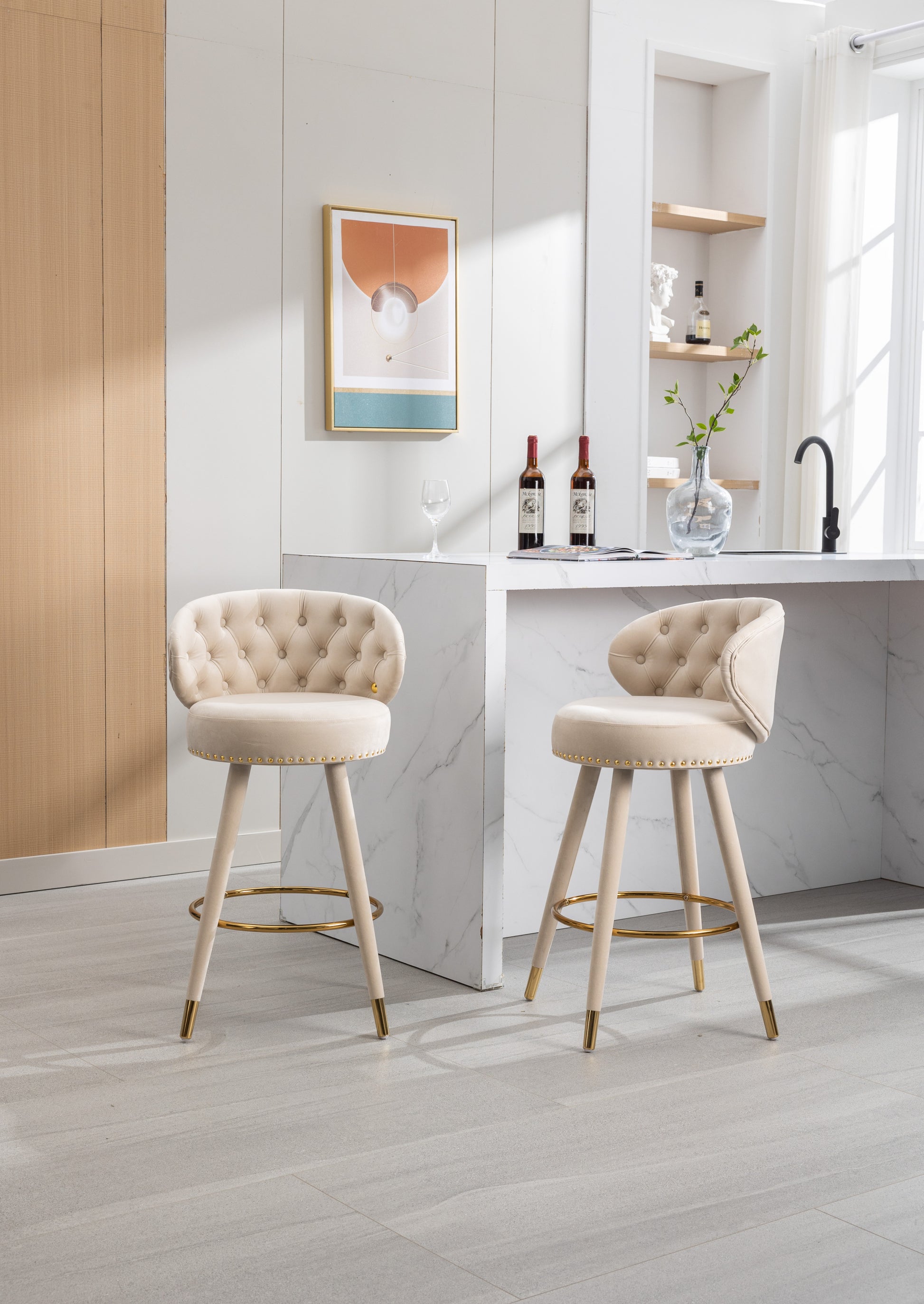 Coolmore Counter Height Bar Stools Set Of 2 For Kitchen Counter Solid Wood Legs With A Fixed Height Of 360 Degrees Beige Velvet
